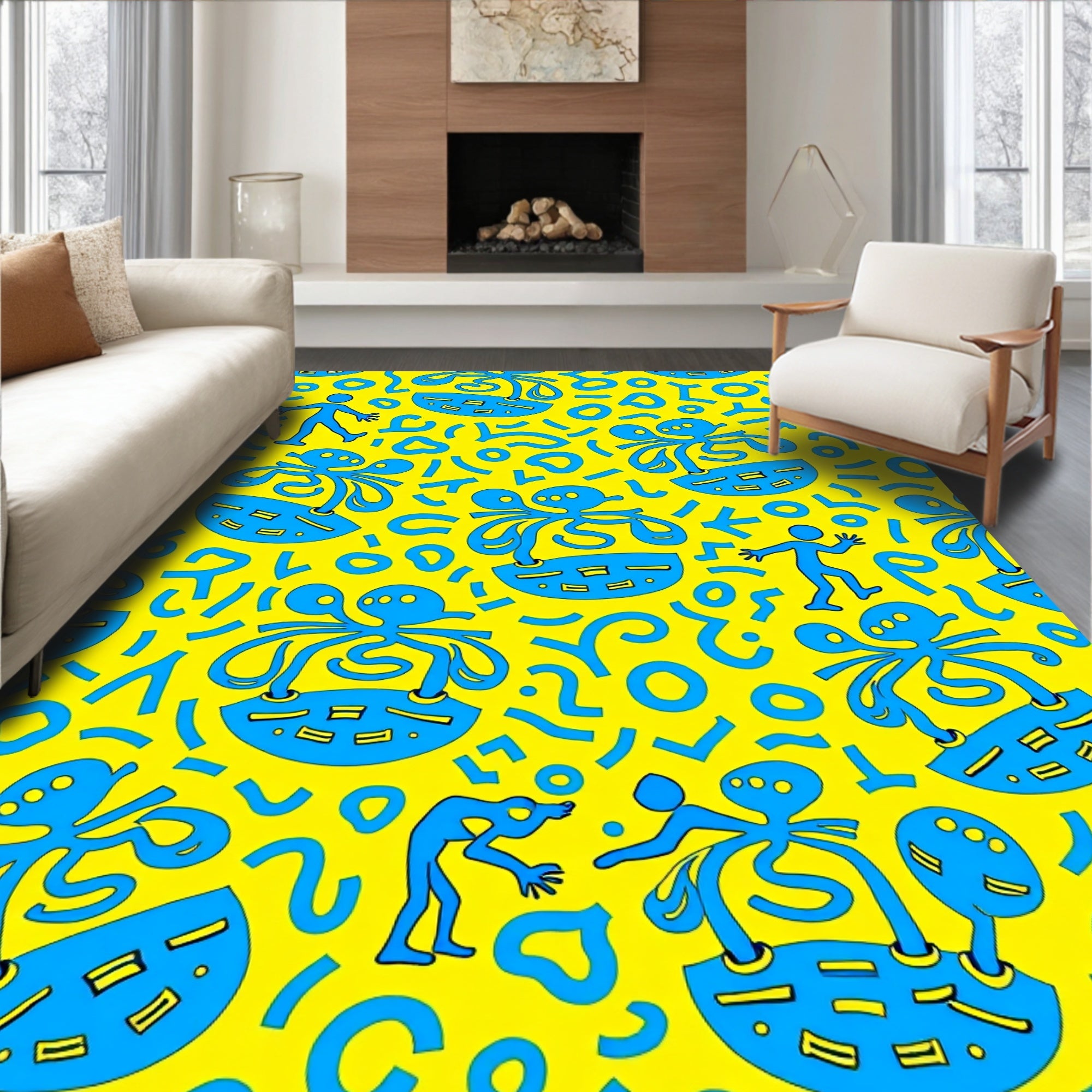 Bright Yellow Blue Whimsical Figures Rug