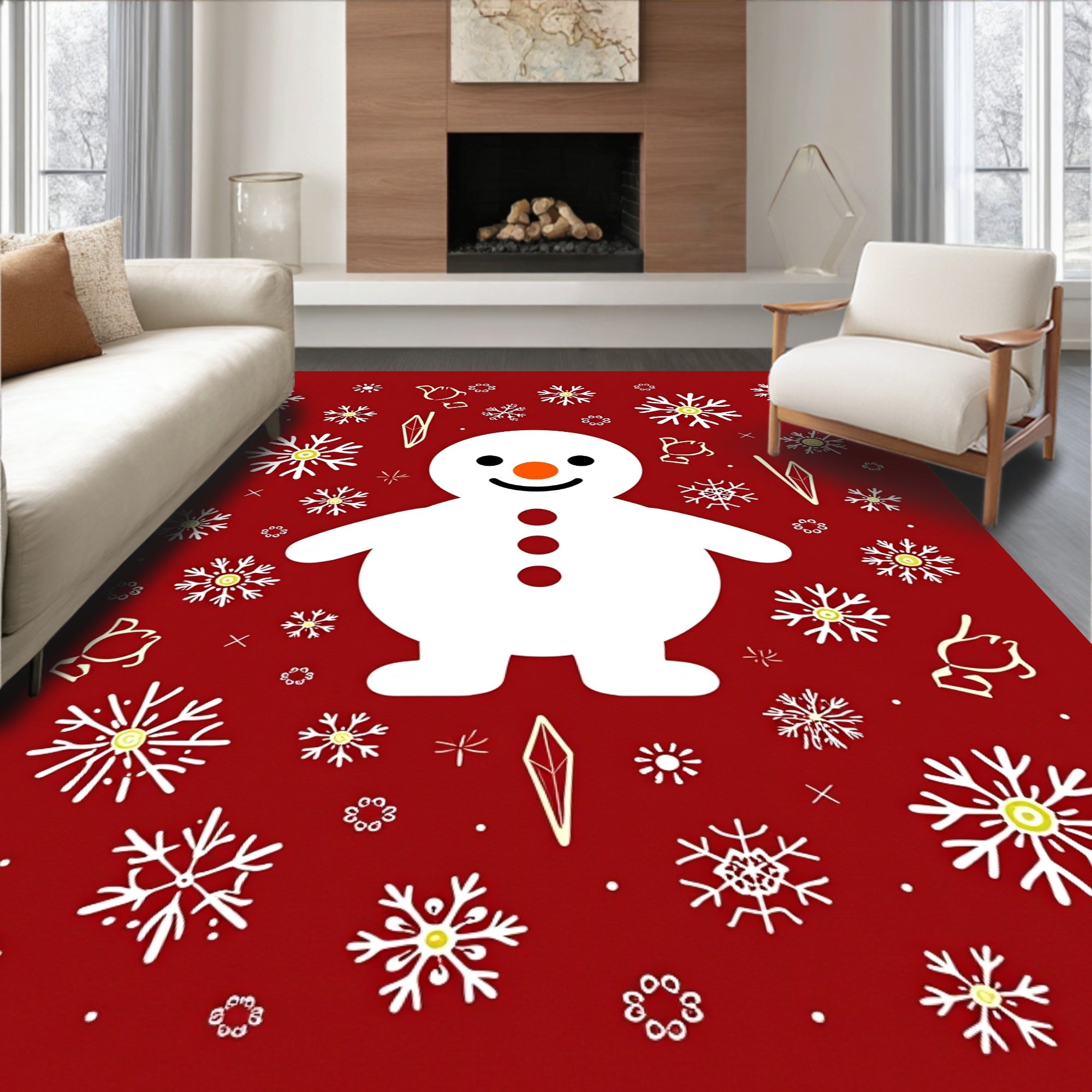 Festive Red Snowman Snowflake Scene Rug