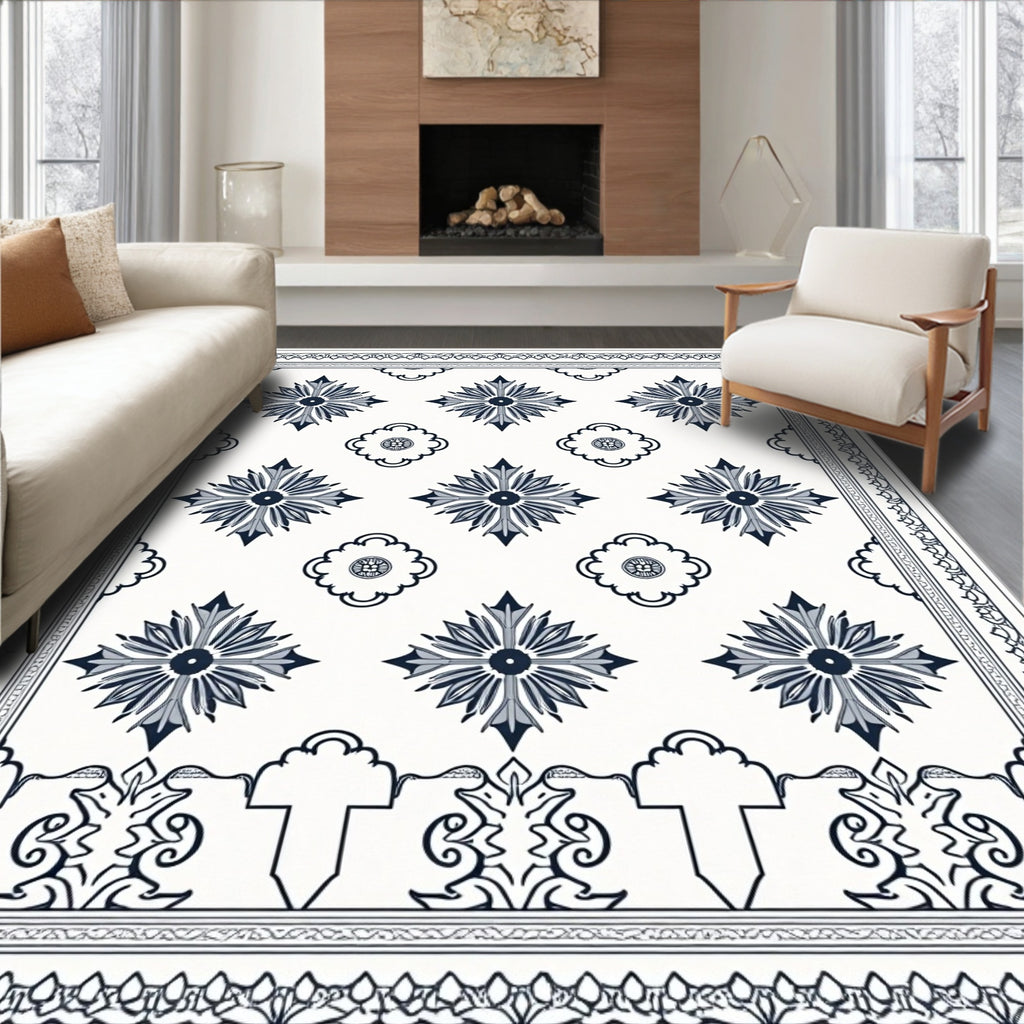 Classic Navy Starburst Floral Border Rug