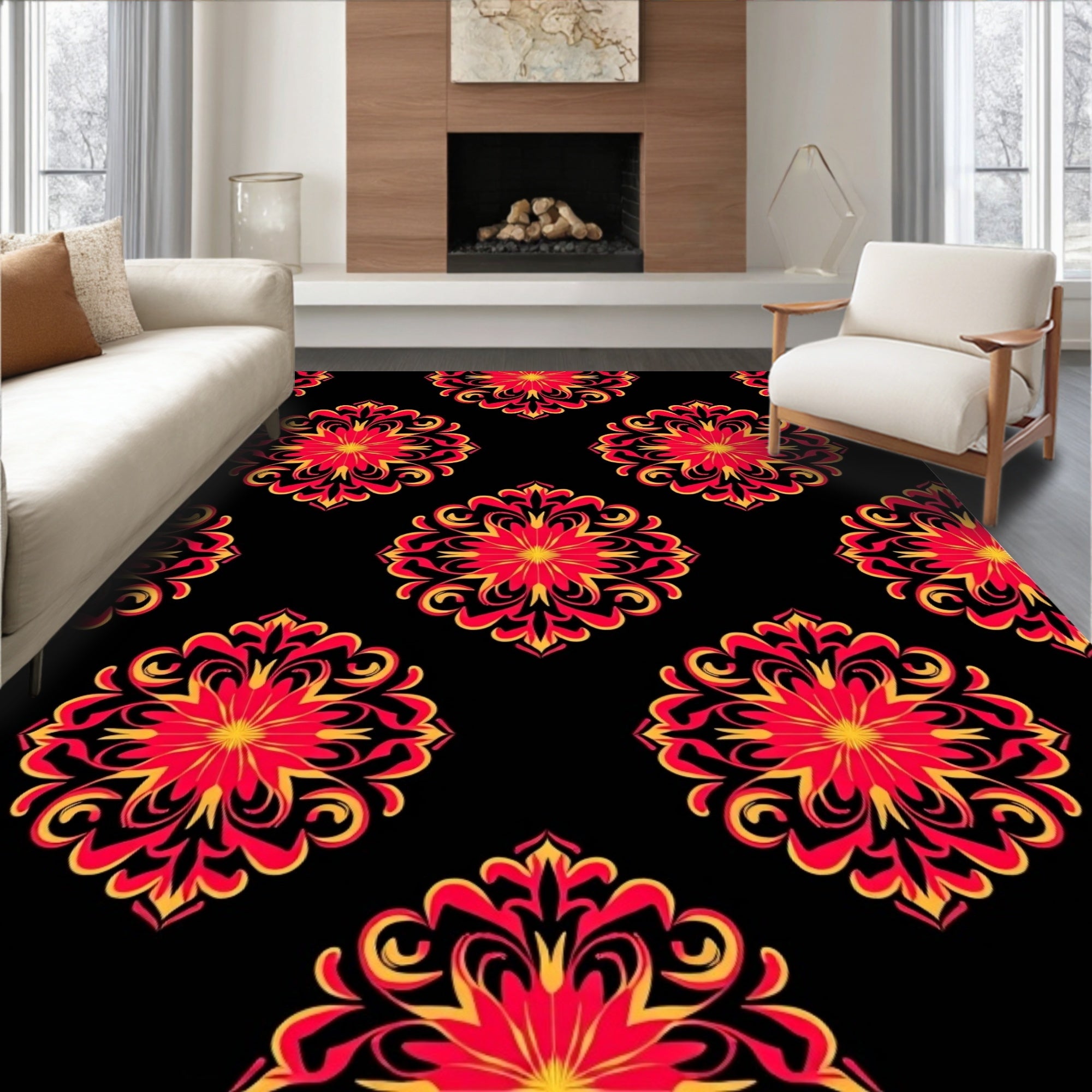 Bold Red Gold Floral Medallion Rug