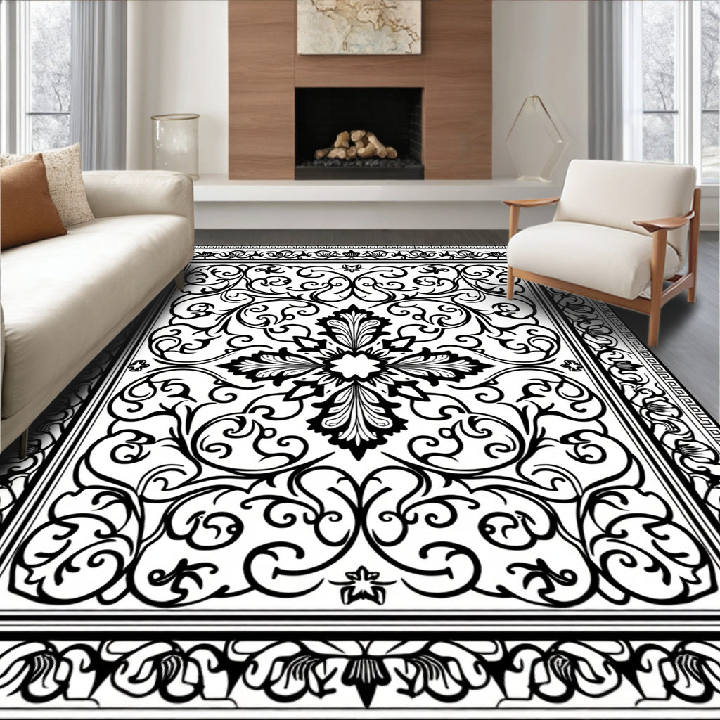Ornate Black and White Floral Medallion Rug