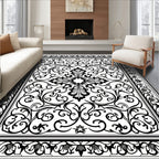 Ornate Black and White Floral Medallion Rug