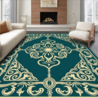 Teal Gold Ornate Scroll Border Rug