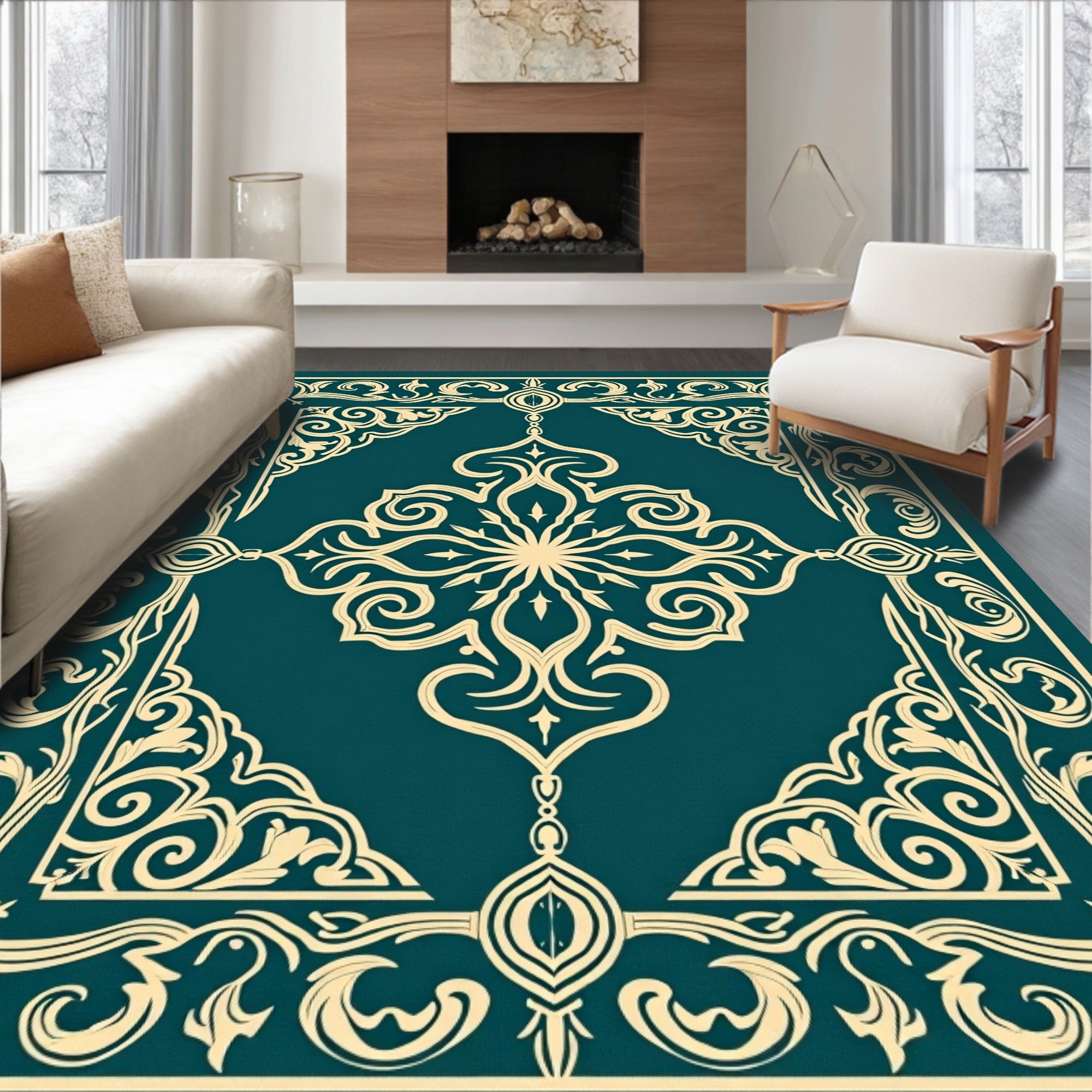 Teal Gold Ornate Scroll Border Rug