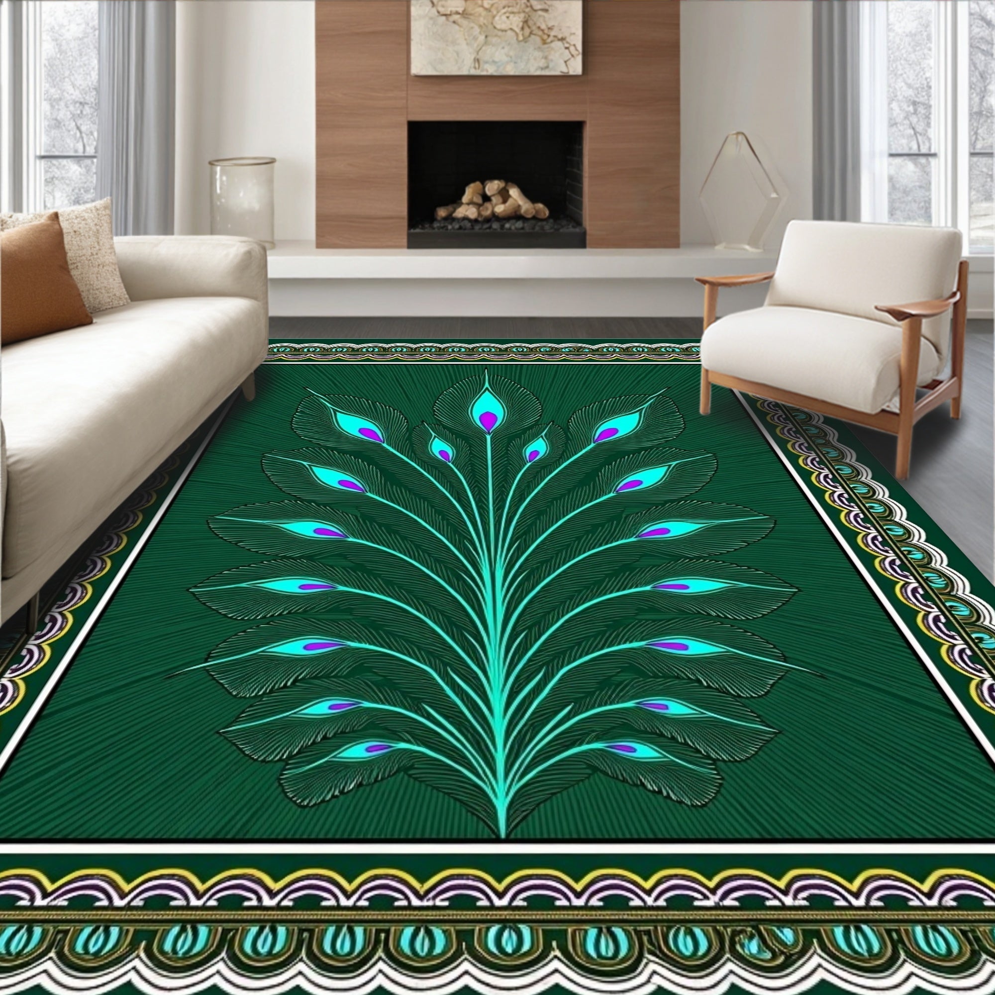 Emerald Green Peacock Feather Bloom Rug