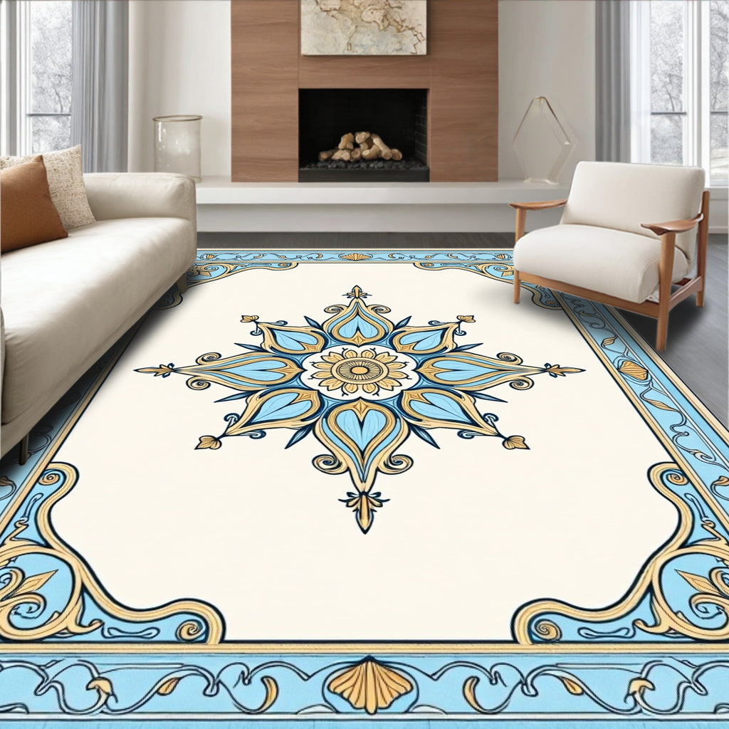 Blue Ochre Floral Medallion Border Rug