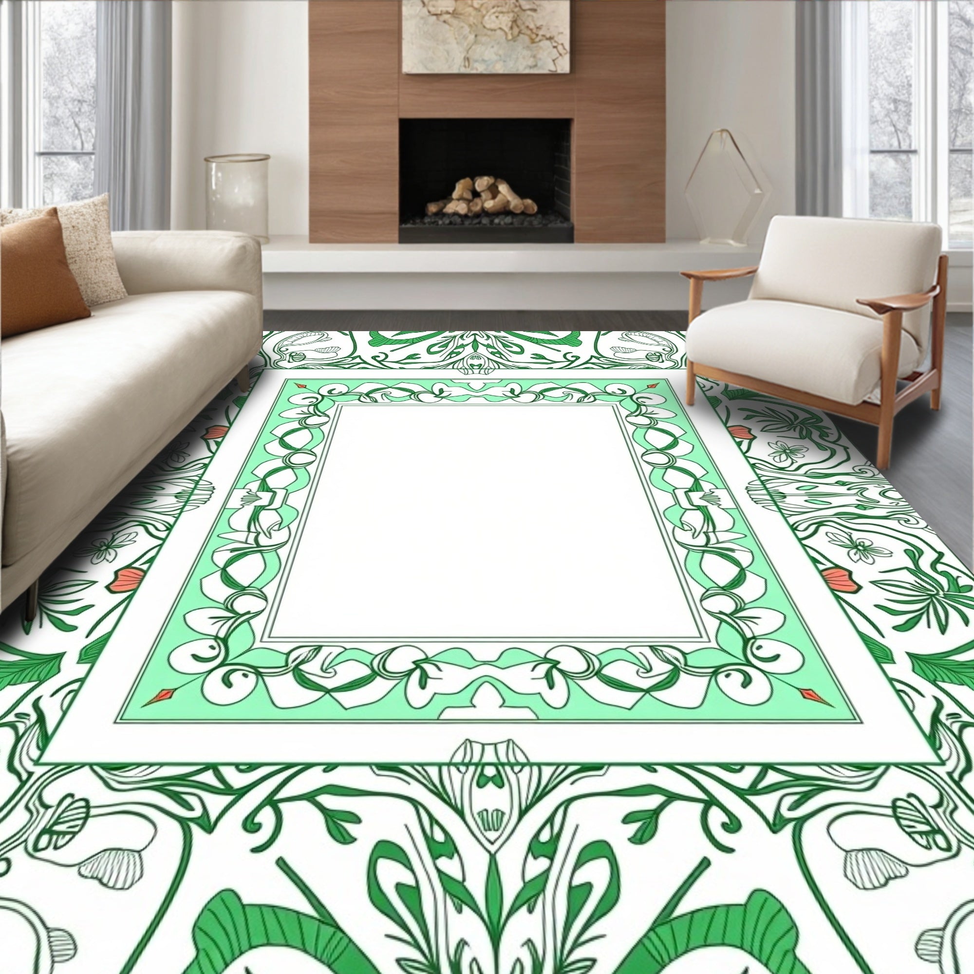 Art Nouveau Green Floral Border Rectangle Rug