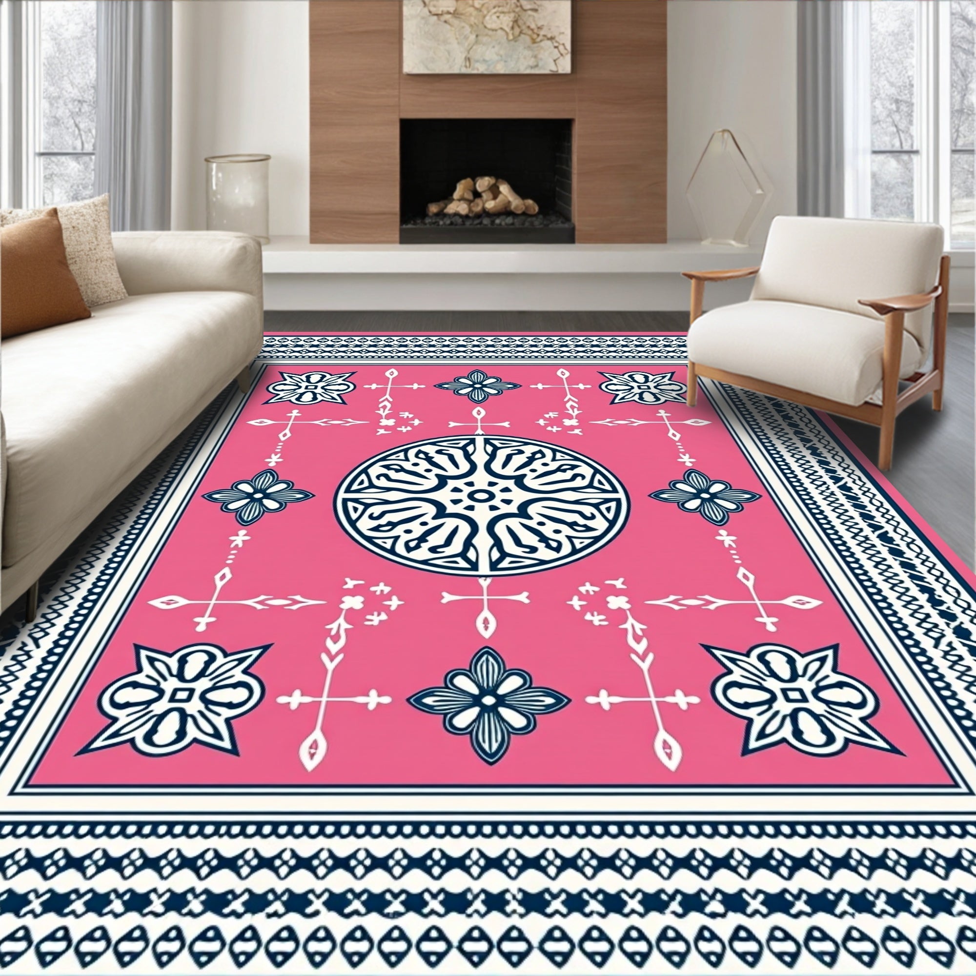 Vibrant Pink Geometric Medallion Border Rug