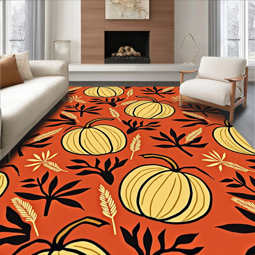 Orange Harvest Pumpkin Leaf Arrangement Rug