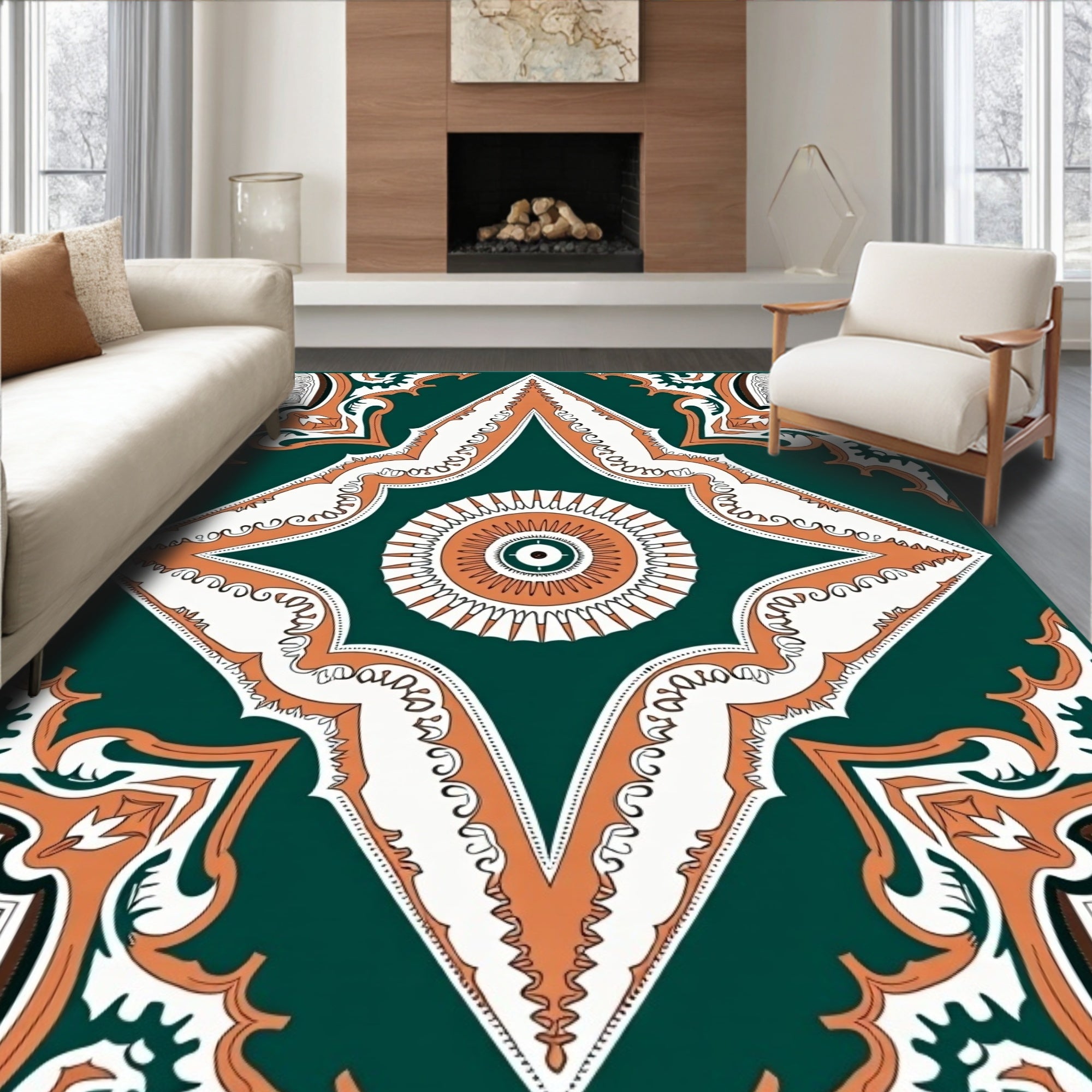 Emerald White Orange Geometric Medallion Rug
