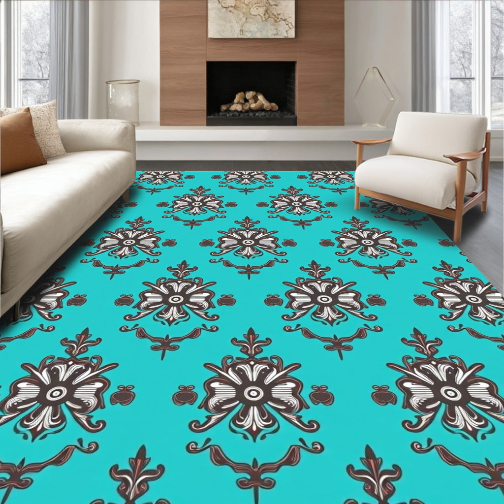 Turquoise Brown Floral Medallion Arrangement Rug
