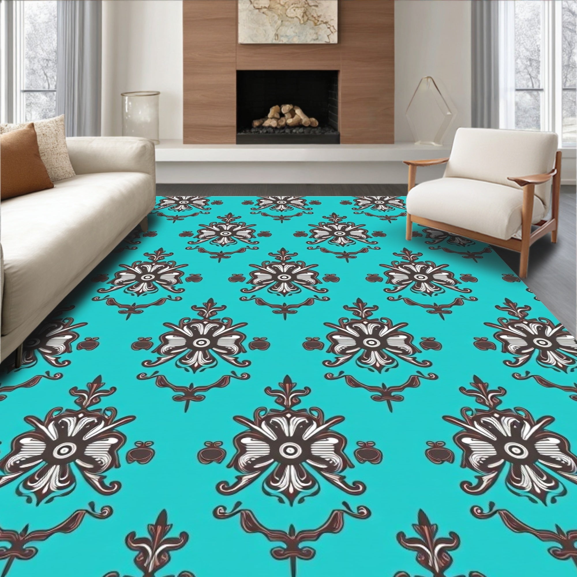Turquoise Brown Floral Medallion Arrangement Rug