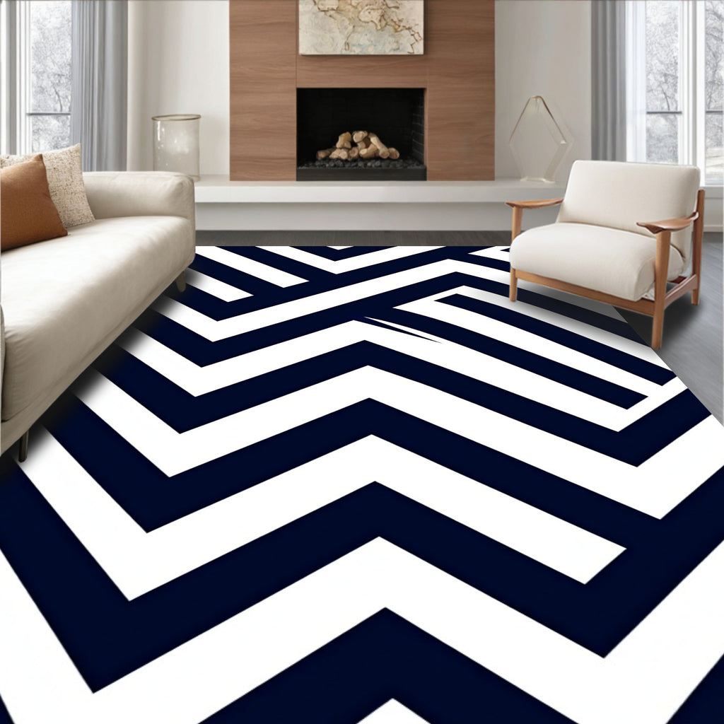 Navy White Interlocking Chevron Rug