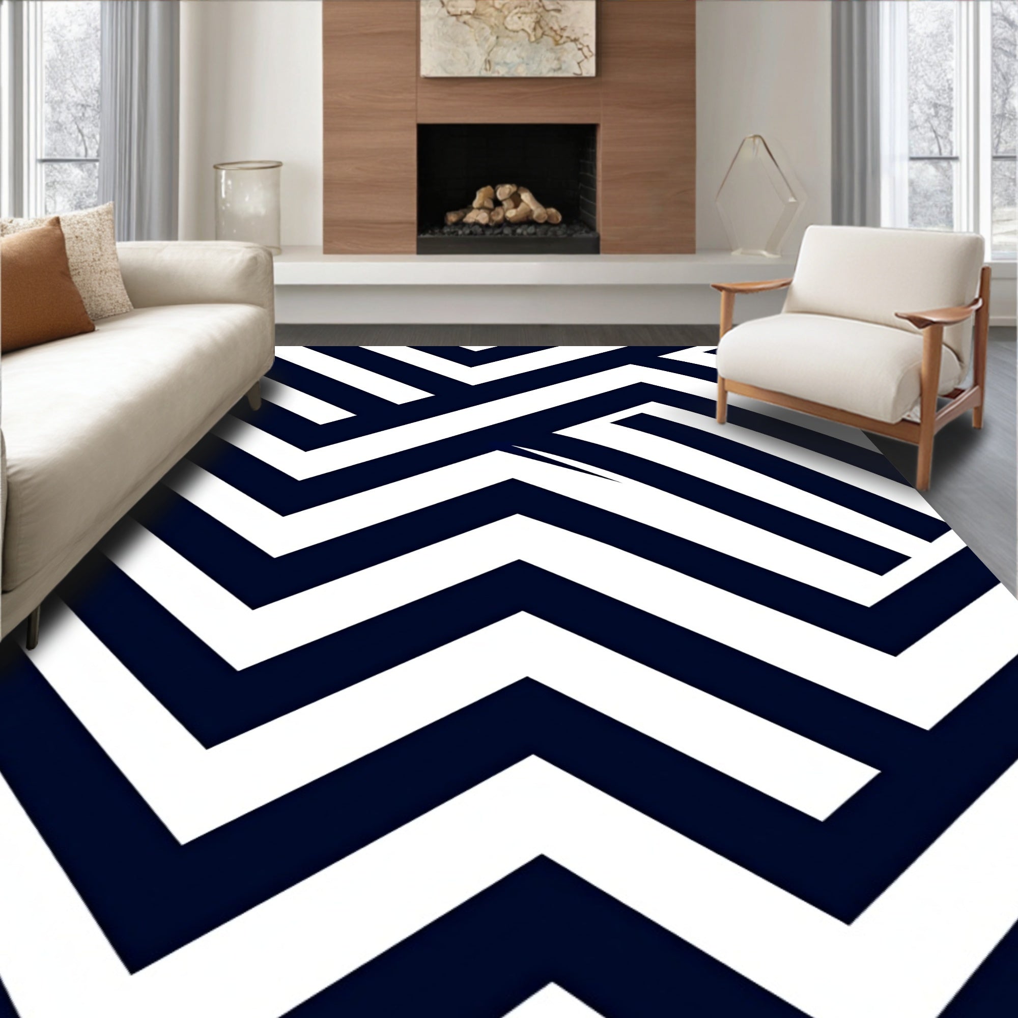 Navy White Interlocking Chevron Rug