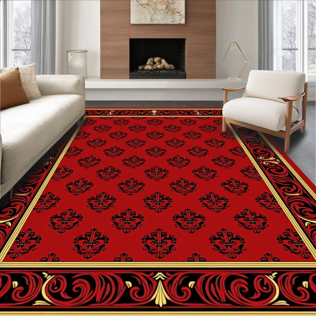 Crimson Red Black Gold Damask Border Rug