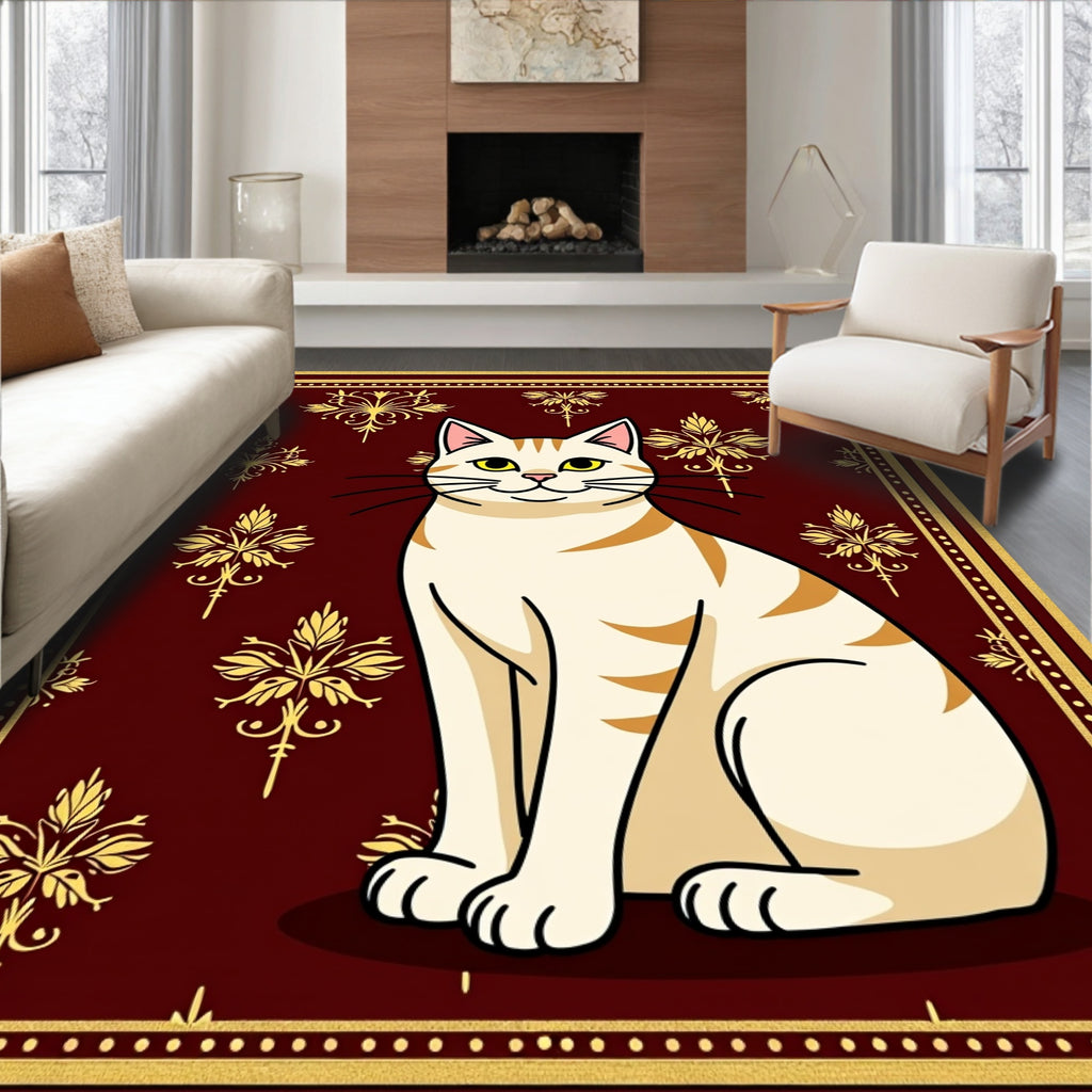Crimson Gold Botanical Cat Portrait Rug