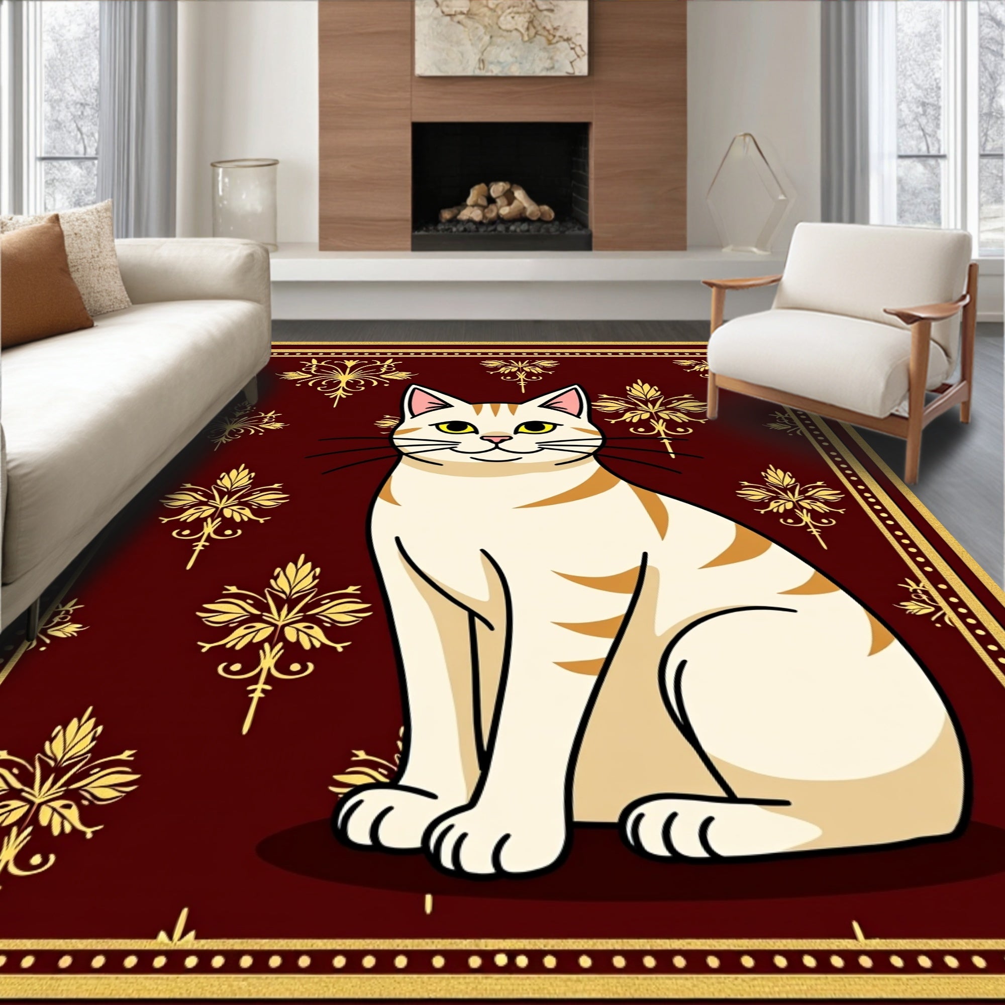 Crimson Gold Botanical Cat Portrait Rug