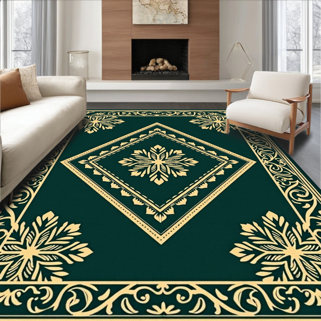 Deep Emerald Gold Scrollwork Medallion Rug