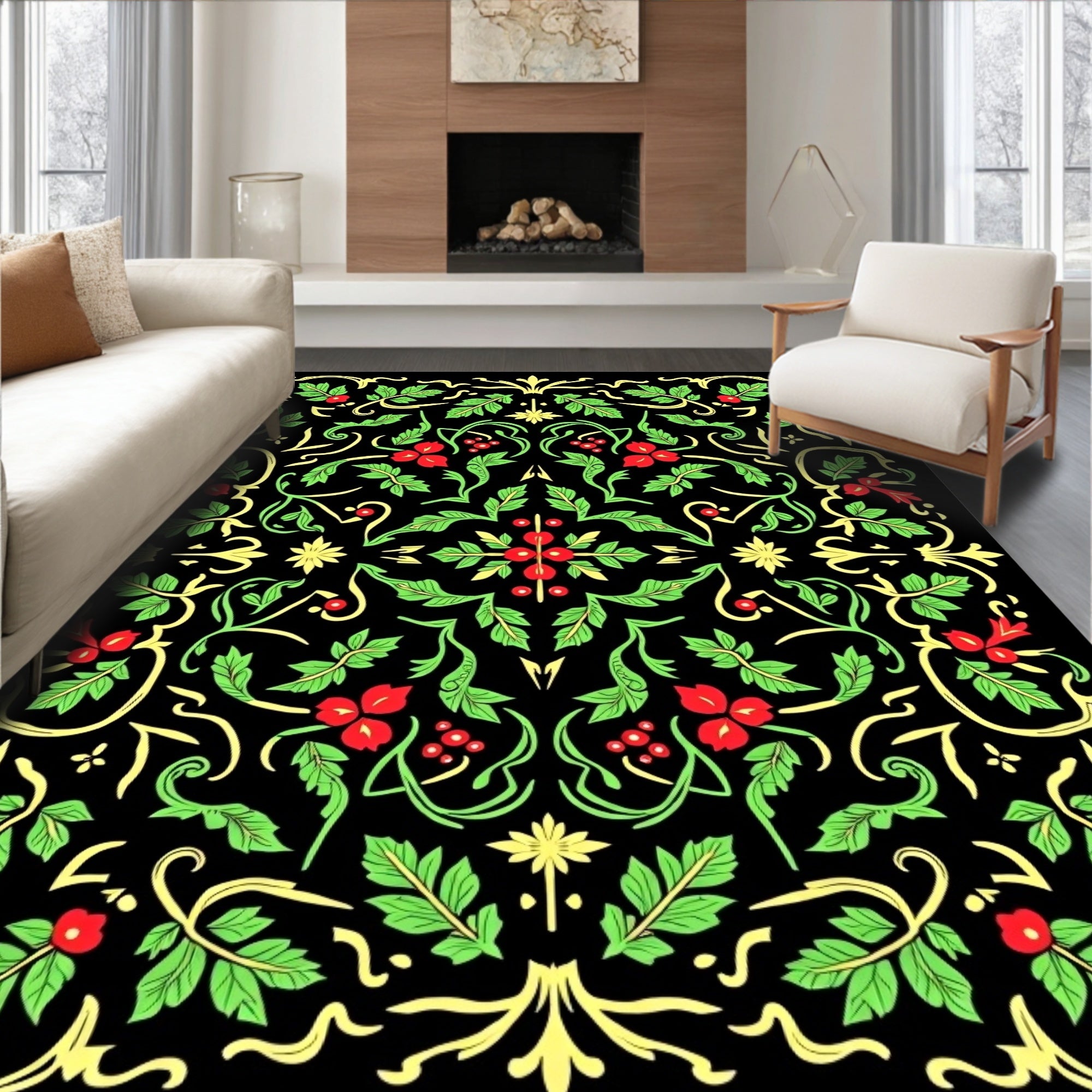 Vibrant Red Berry Holly Foliage Rug