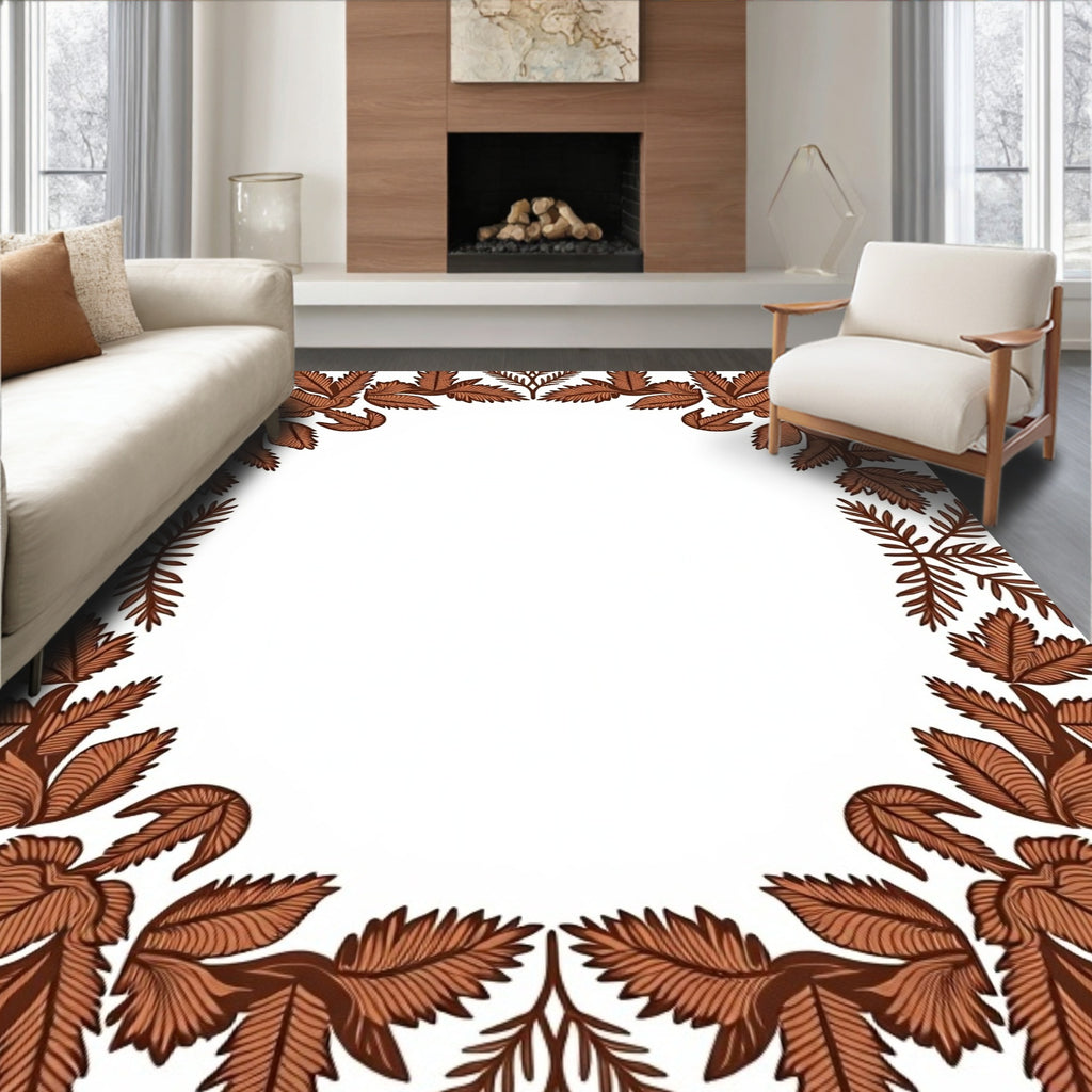 Earthy Brown Leafy Corner Border Rug