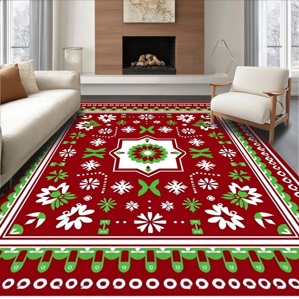 Crimson Green Snowflake Floral Symmetry Rug