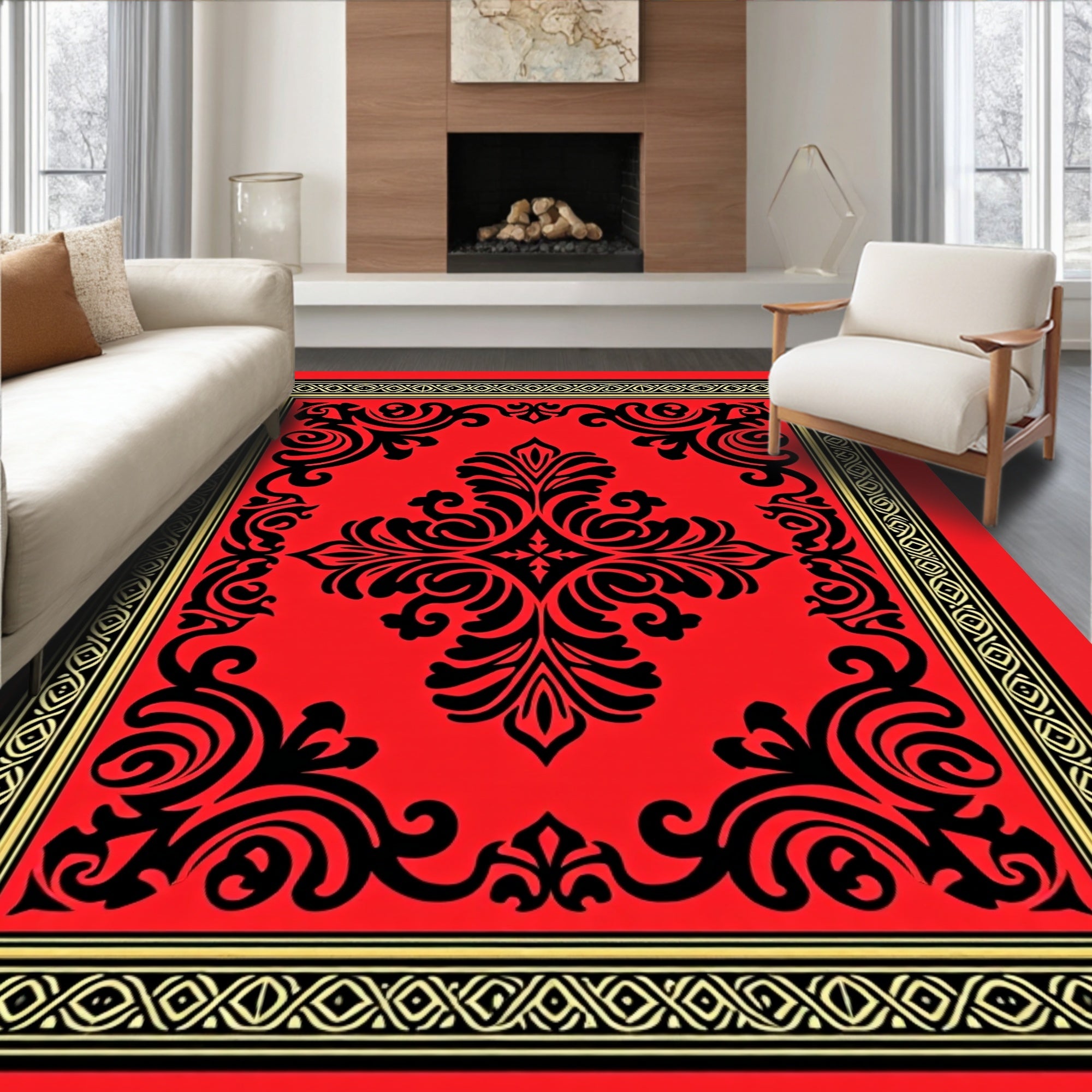 Crimson Black Damask Scrollwork Medallion Rug