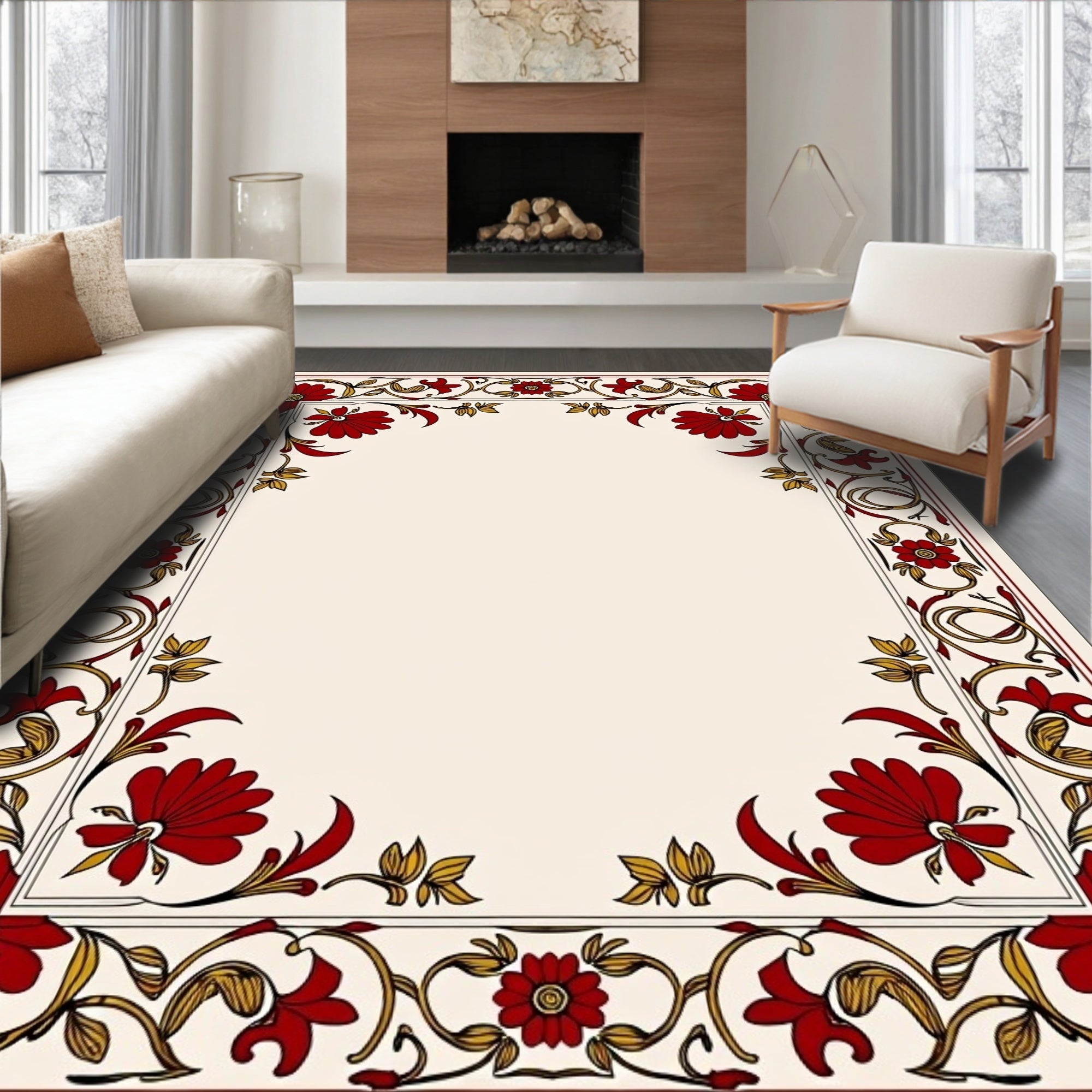 Elegant Red Floral Vine Border Rug