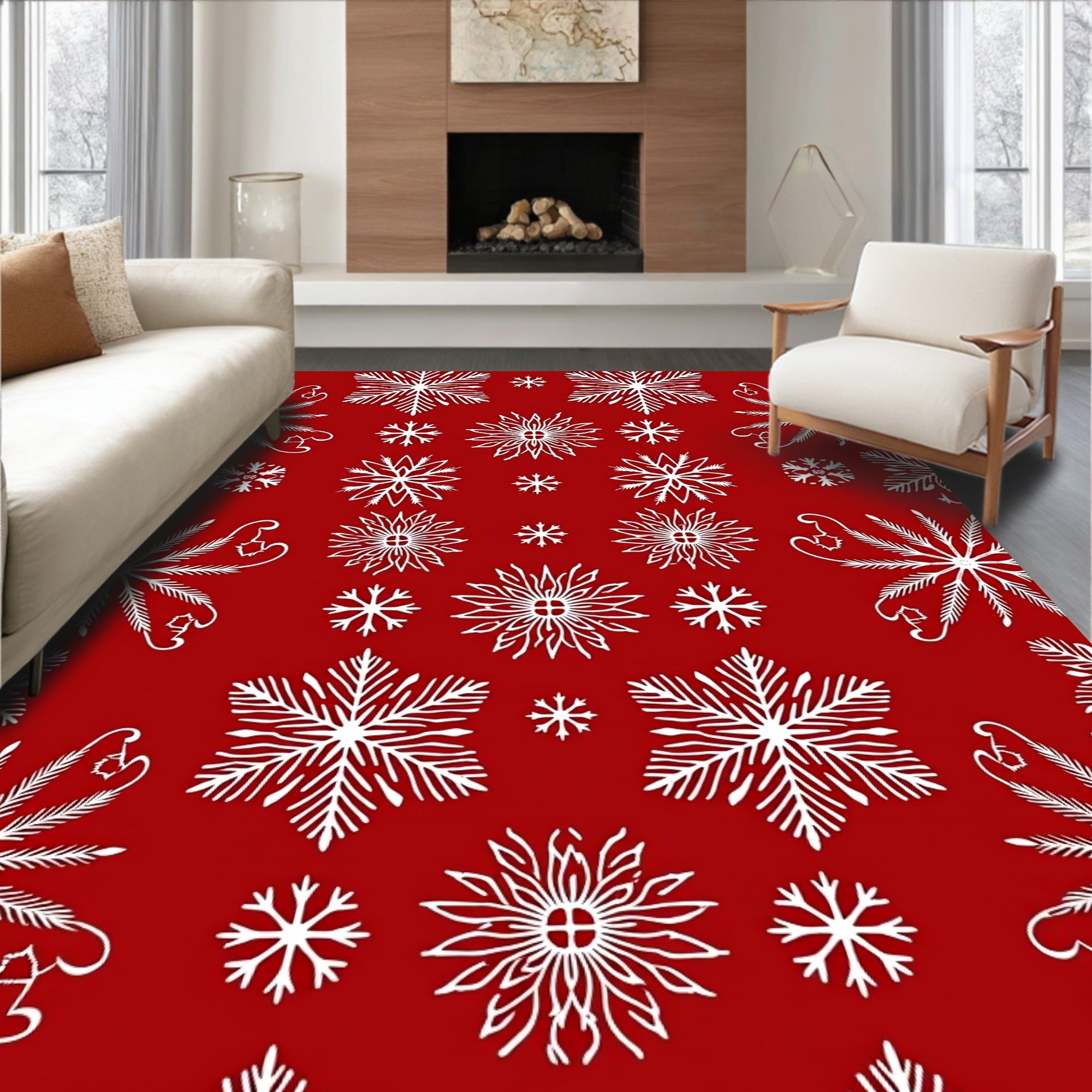 Red White Snowflake Winter Collection Rug
