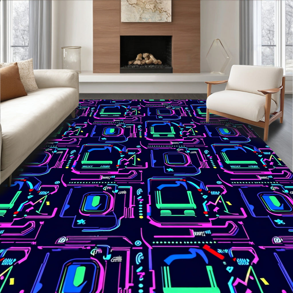 Cyberpunk Neon Circuit Board Abstract Rug