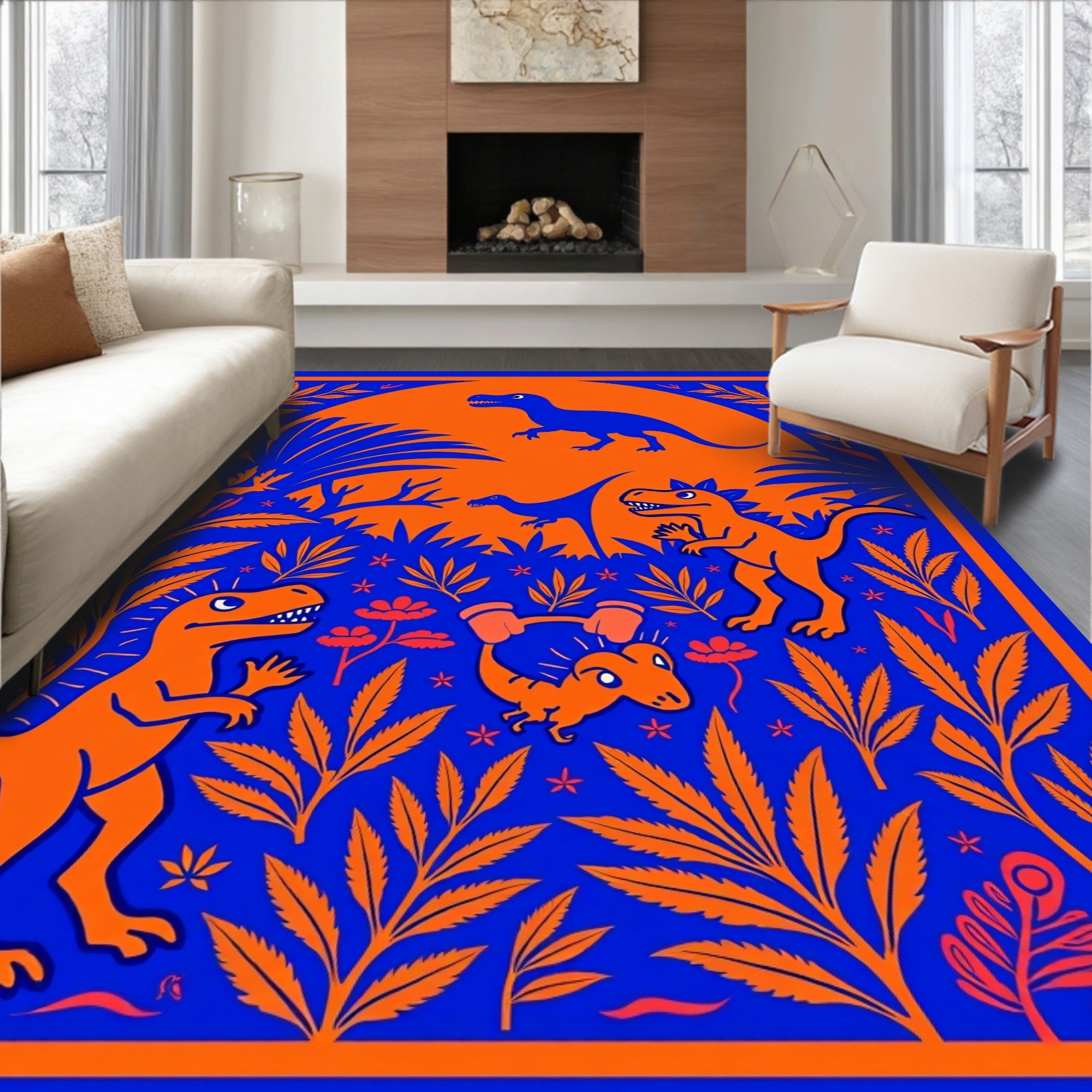 Bold Blue Orange Dinosaur Jungle Rug