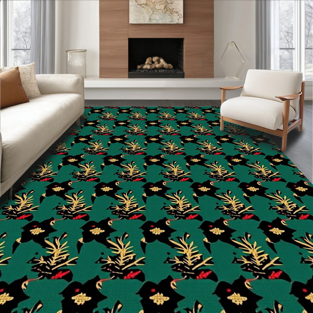 Emerald Green Tropical Floral Arrangement Rug