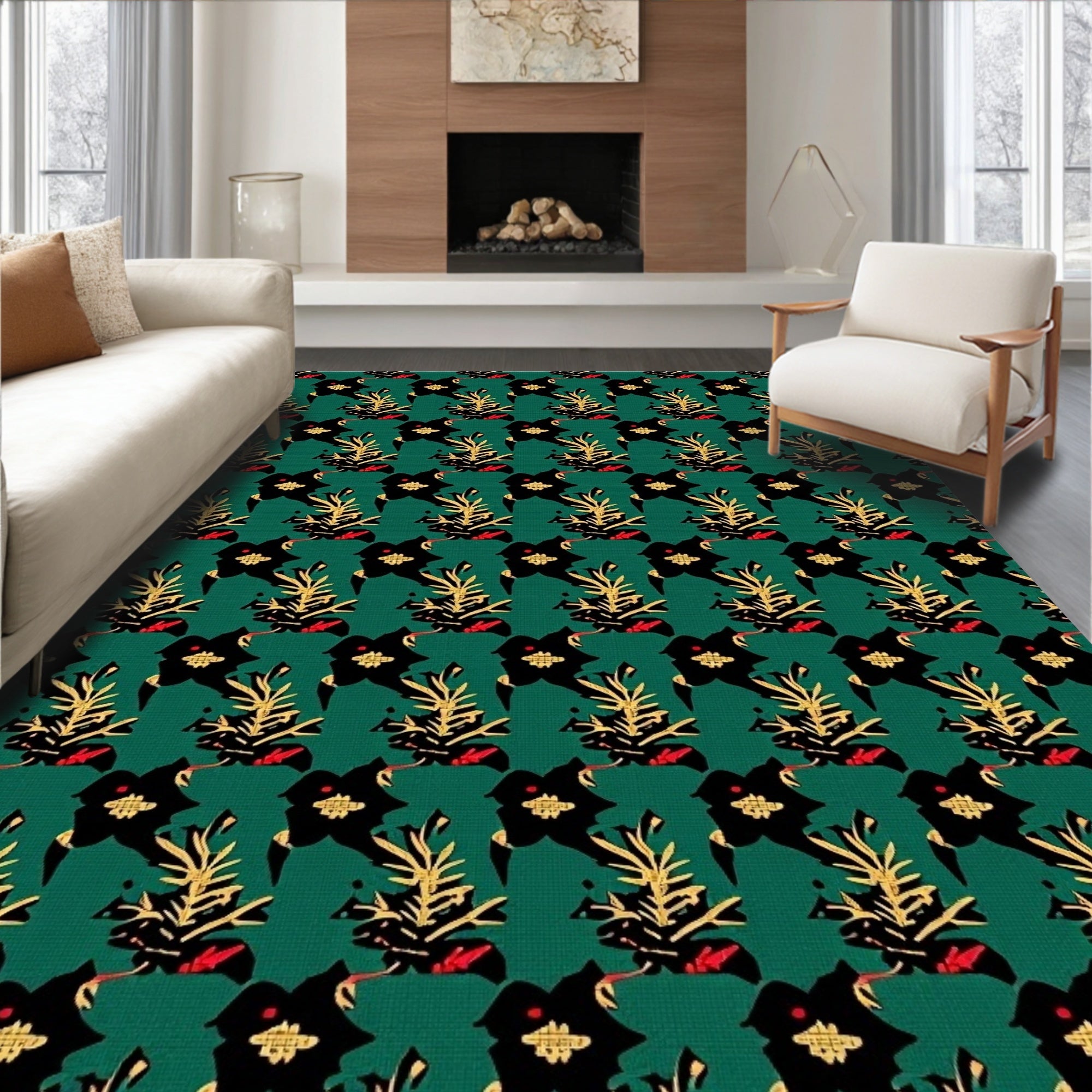 Emerald Green Tropical Floral Arrangement Rug