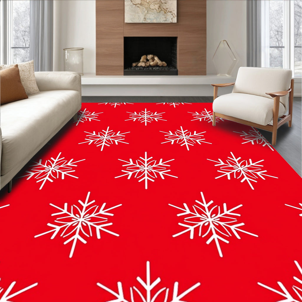 Classic White Snowflake Red Holiday Rug