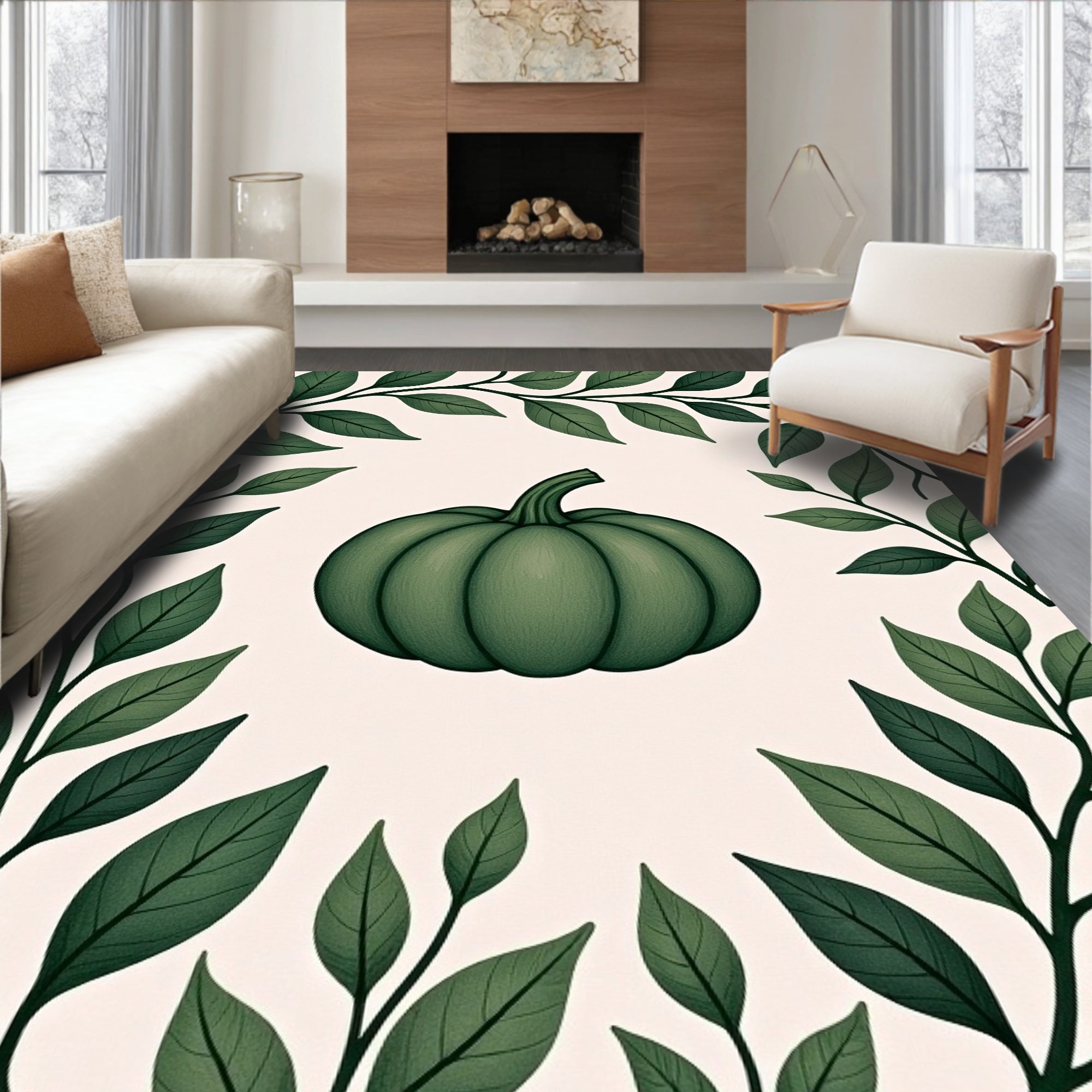 Green Pumpkin Leafy Border Rug