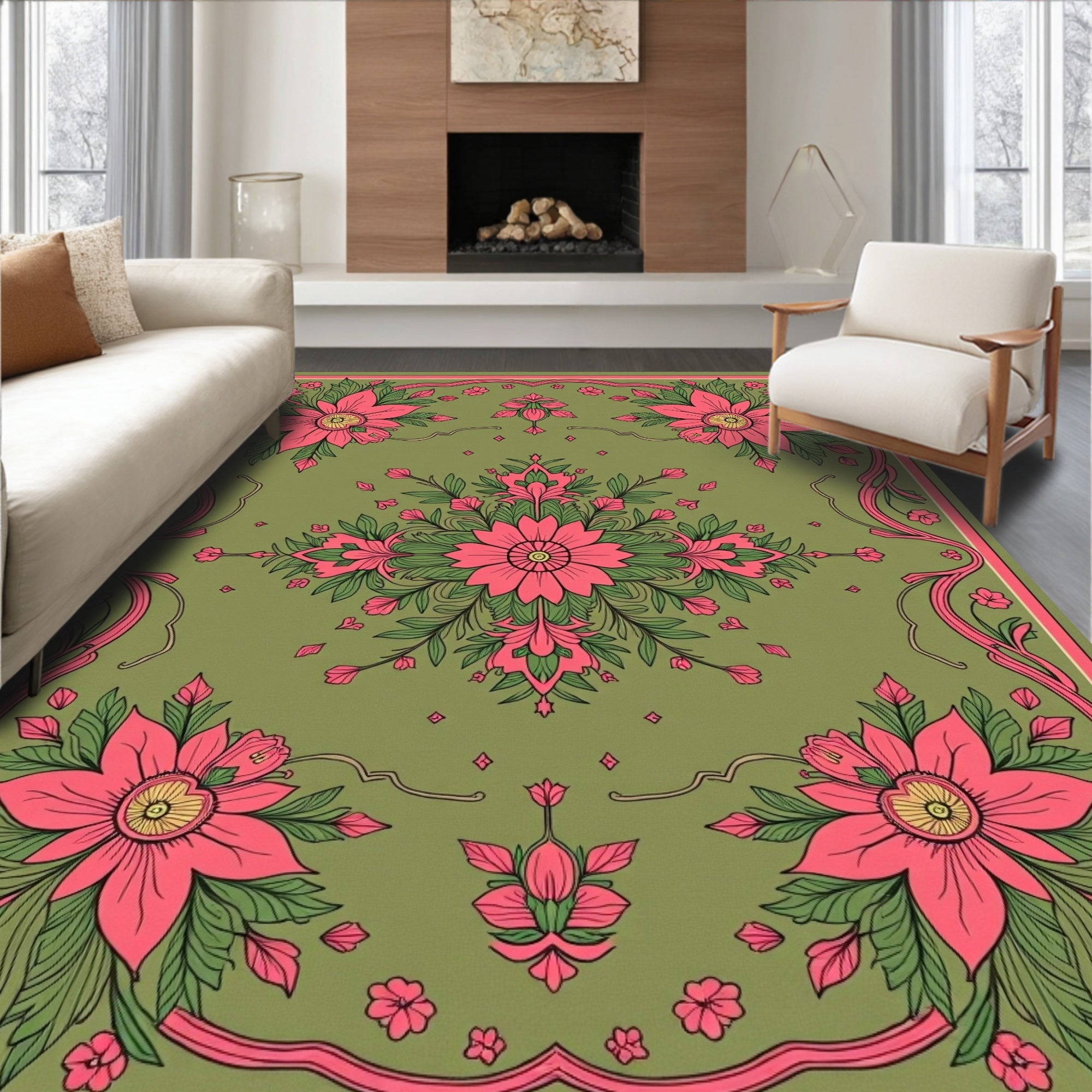 Vibrant Floral Pink Green Garden Rug