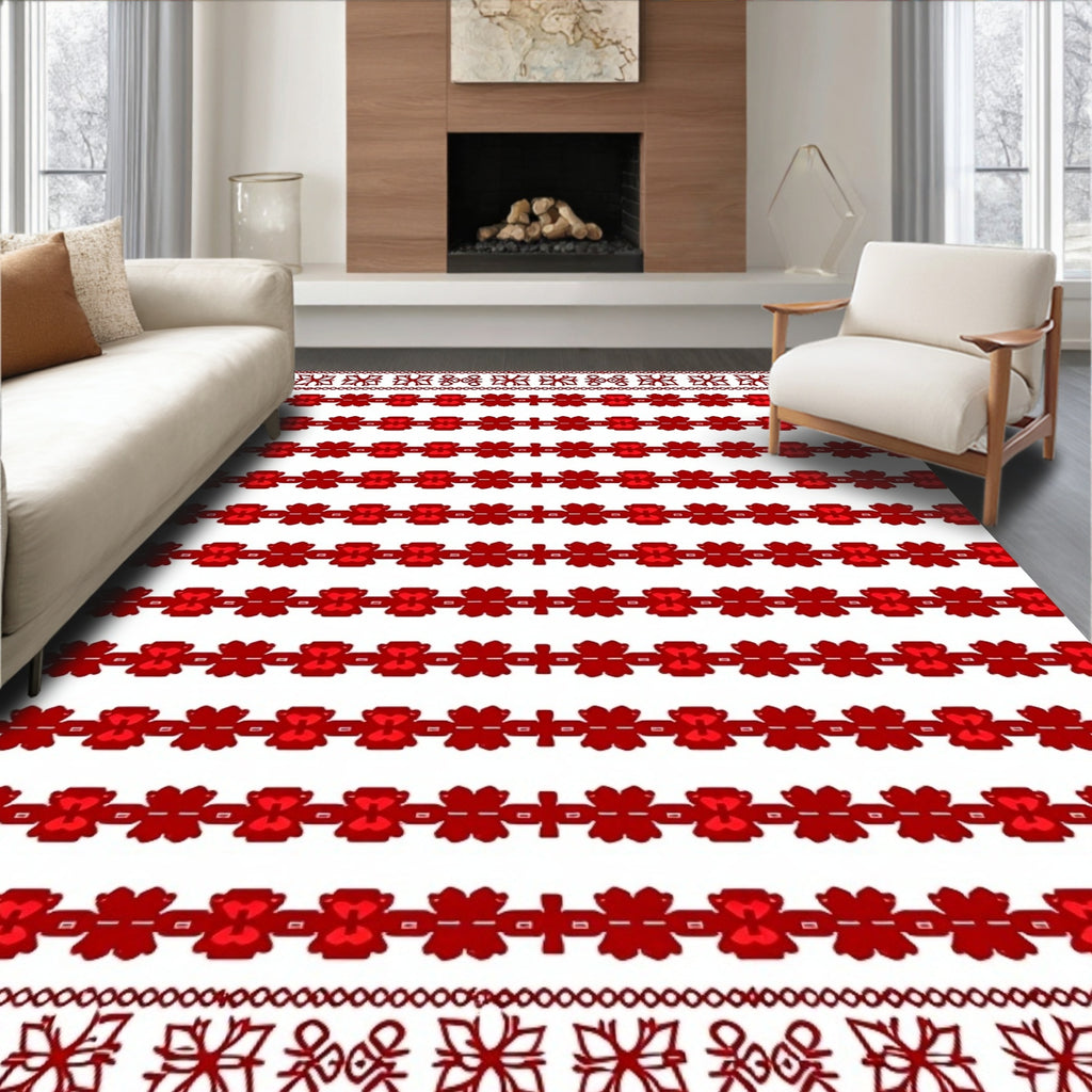 Bold Red Bordered Repeating Flowers Rug