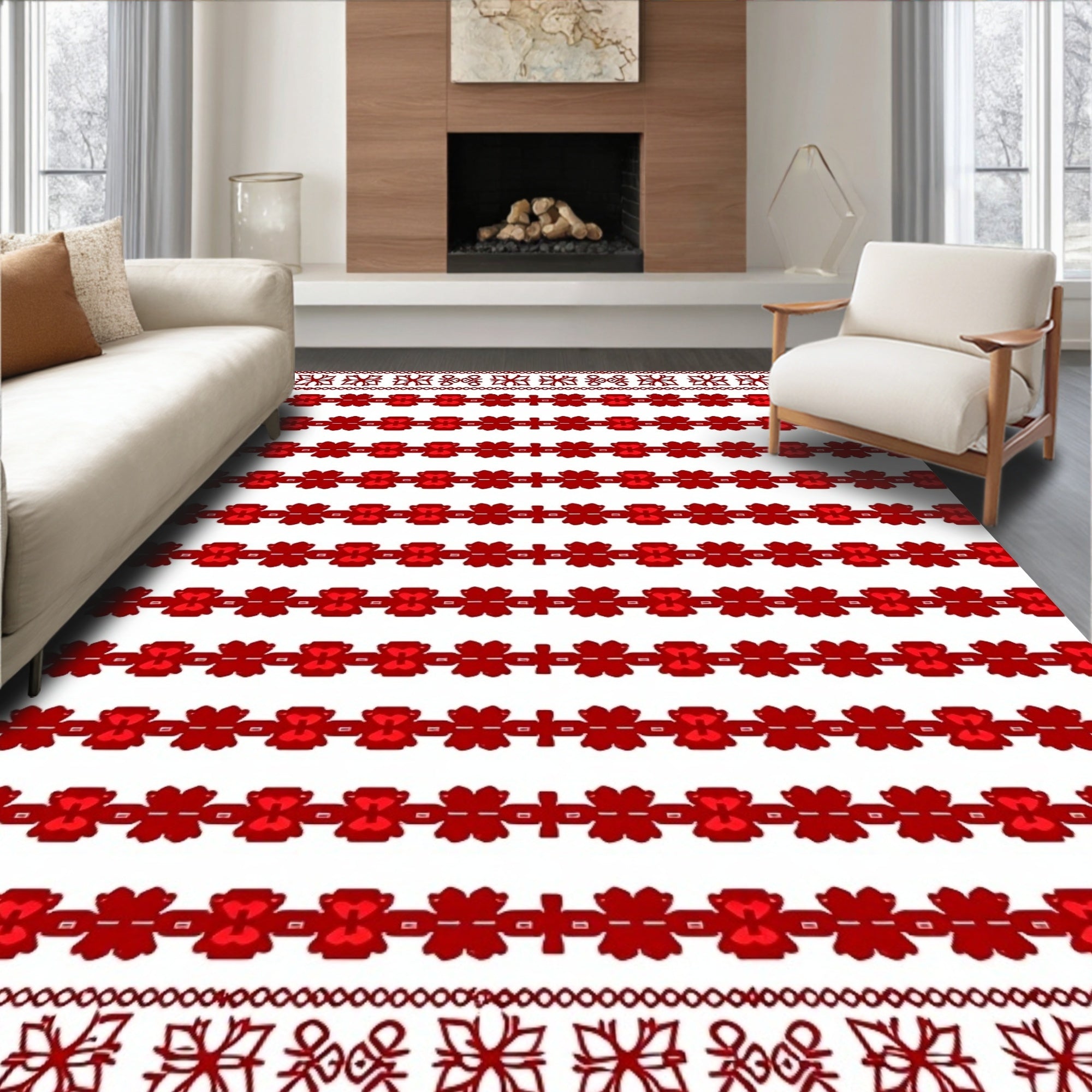 Bold Red Bordered Repeating Flowers Rug