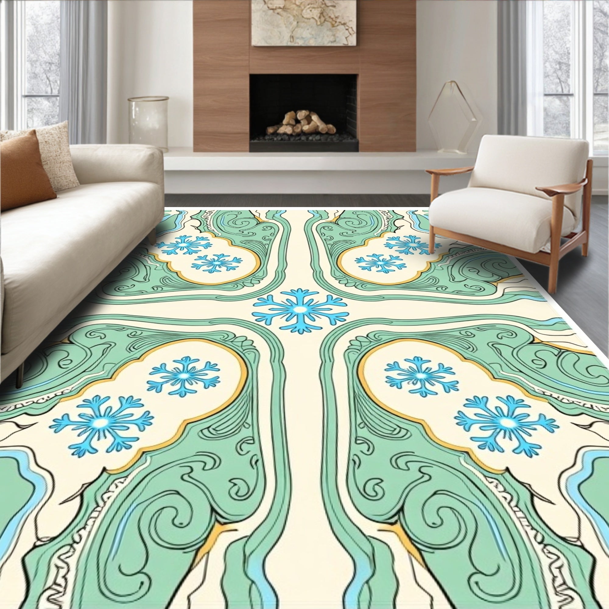 Art Nouveau Aqua Snowflake Medallion Rug