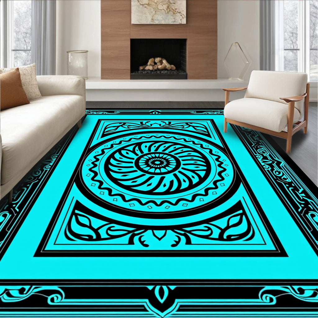 Bright Teal Floral Sunburst Mandala Rug