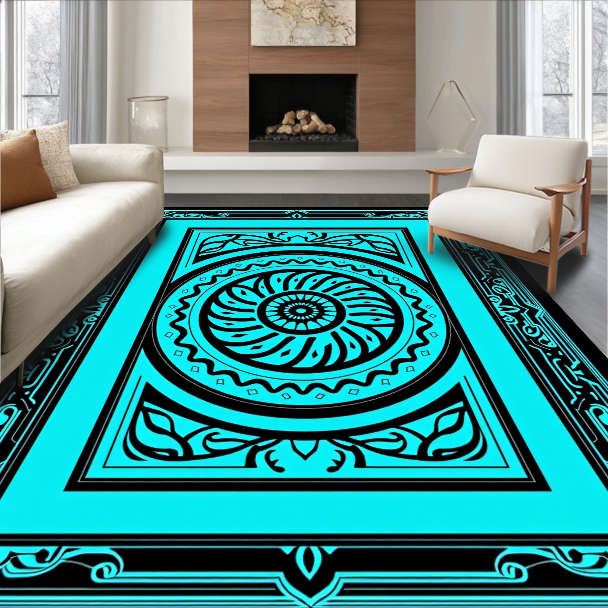 Bright Teal Floral Sunburst Mandala Rug
