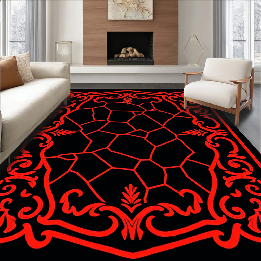 Crimson Floral Scrollwork Mosaic Rug