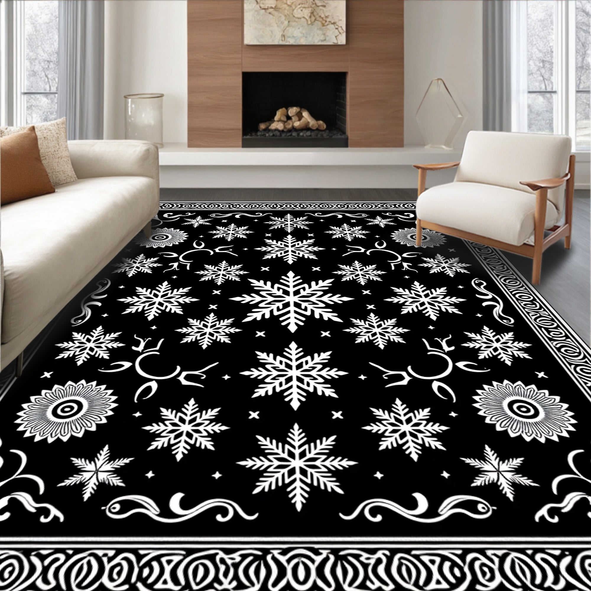 Black White Snowflake Ornamental Border Rug