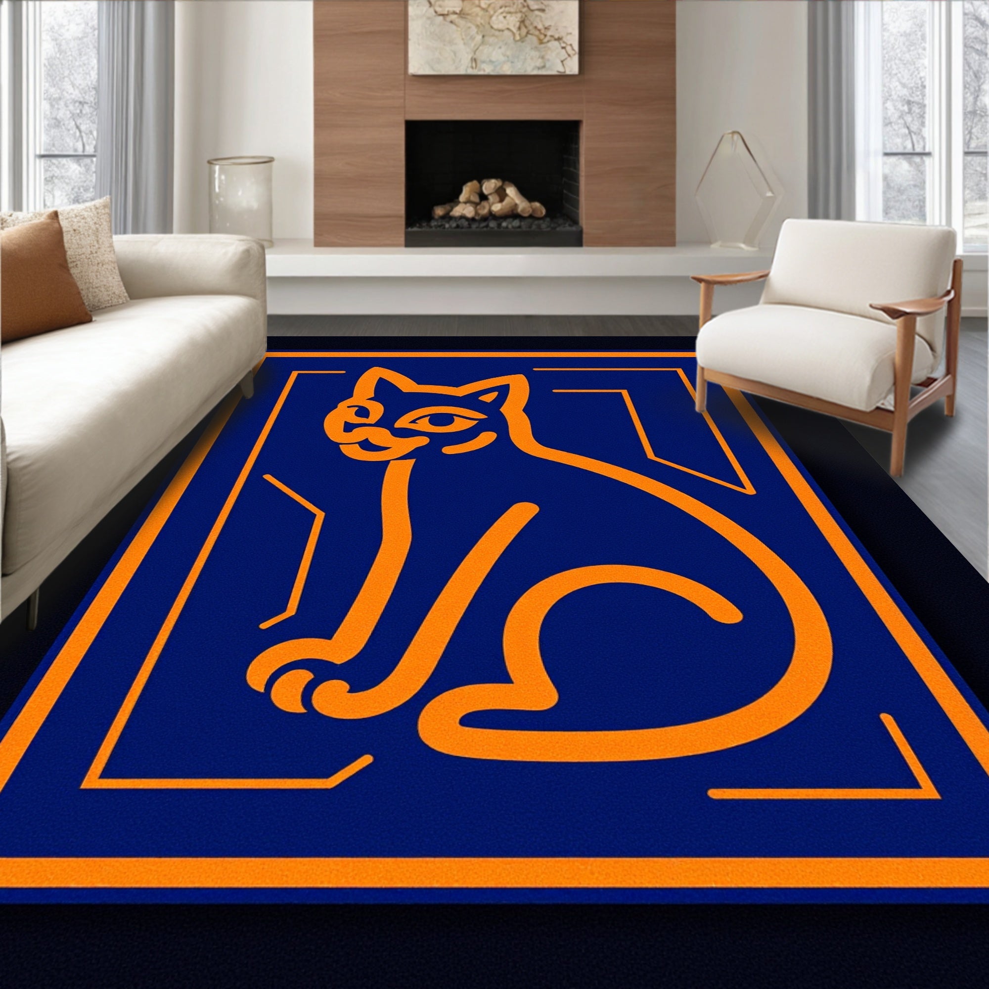 Orange Cat In Blue Square Frame Rug