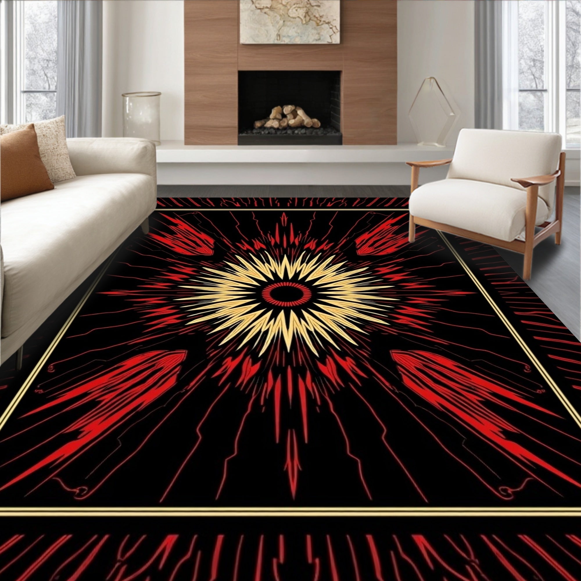 Bold Red Gold Sunburst Rays Rug