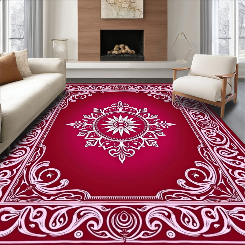Crimson White Floral Mandala Border Rug