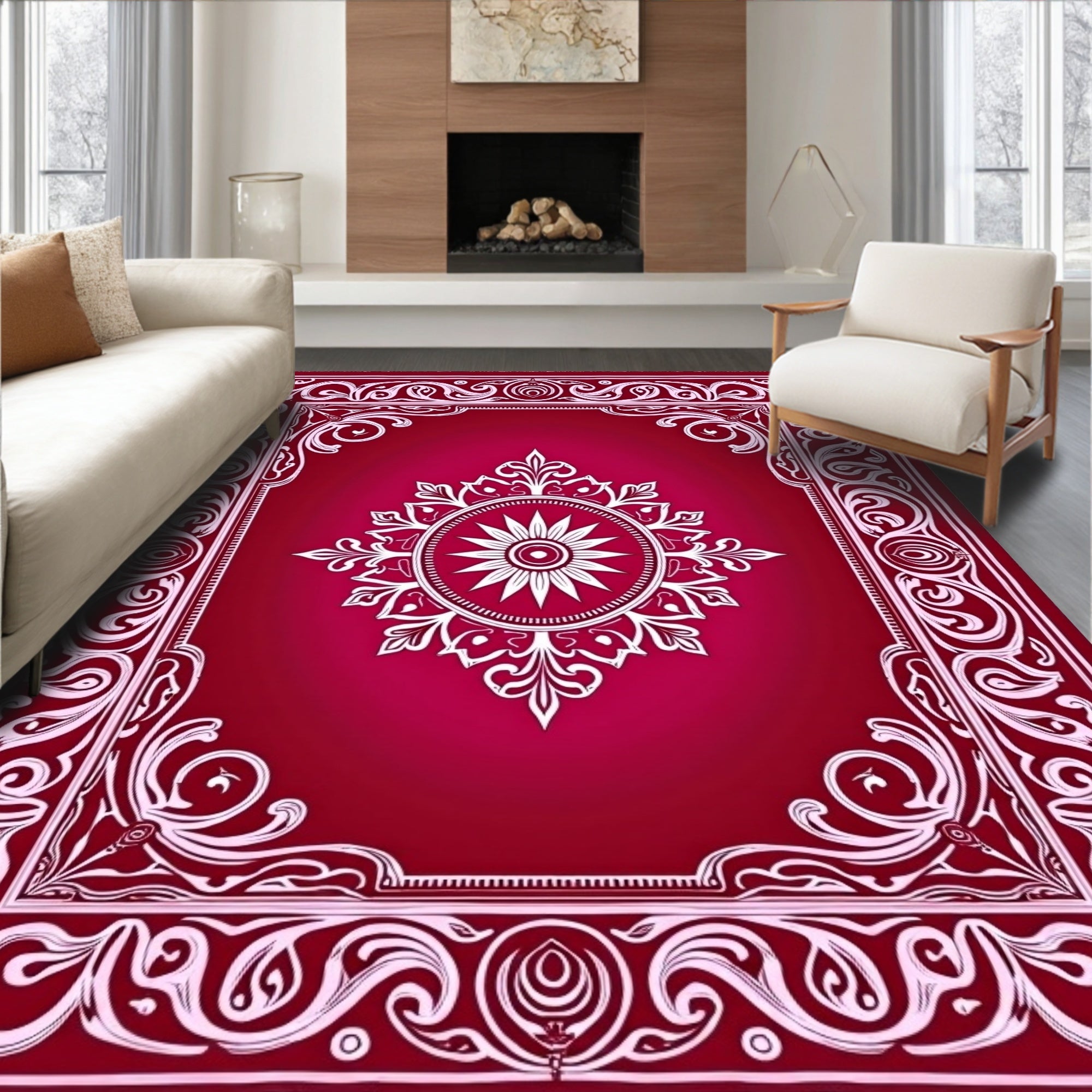 Crimson White Floral Mandala Border Rug