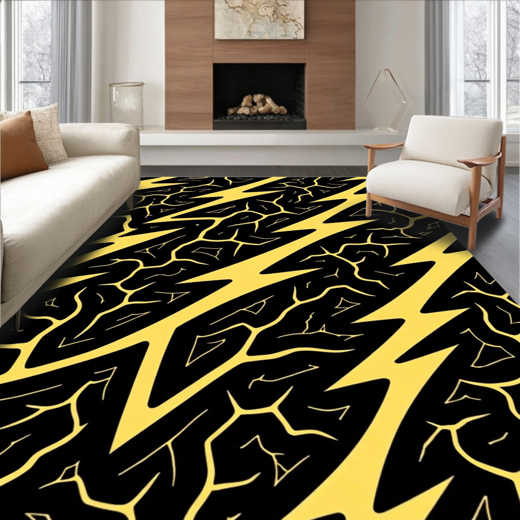 Bold Yellow Jagged Lightning Black Rug