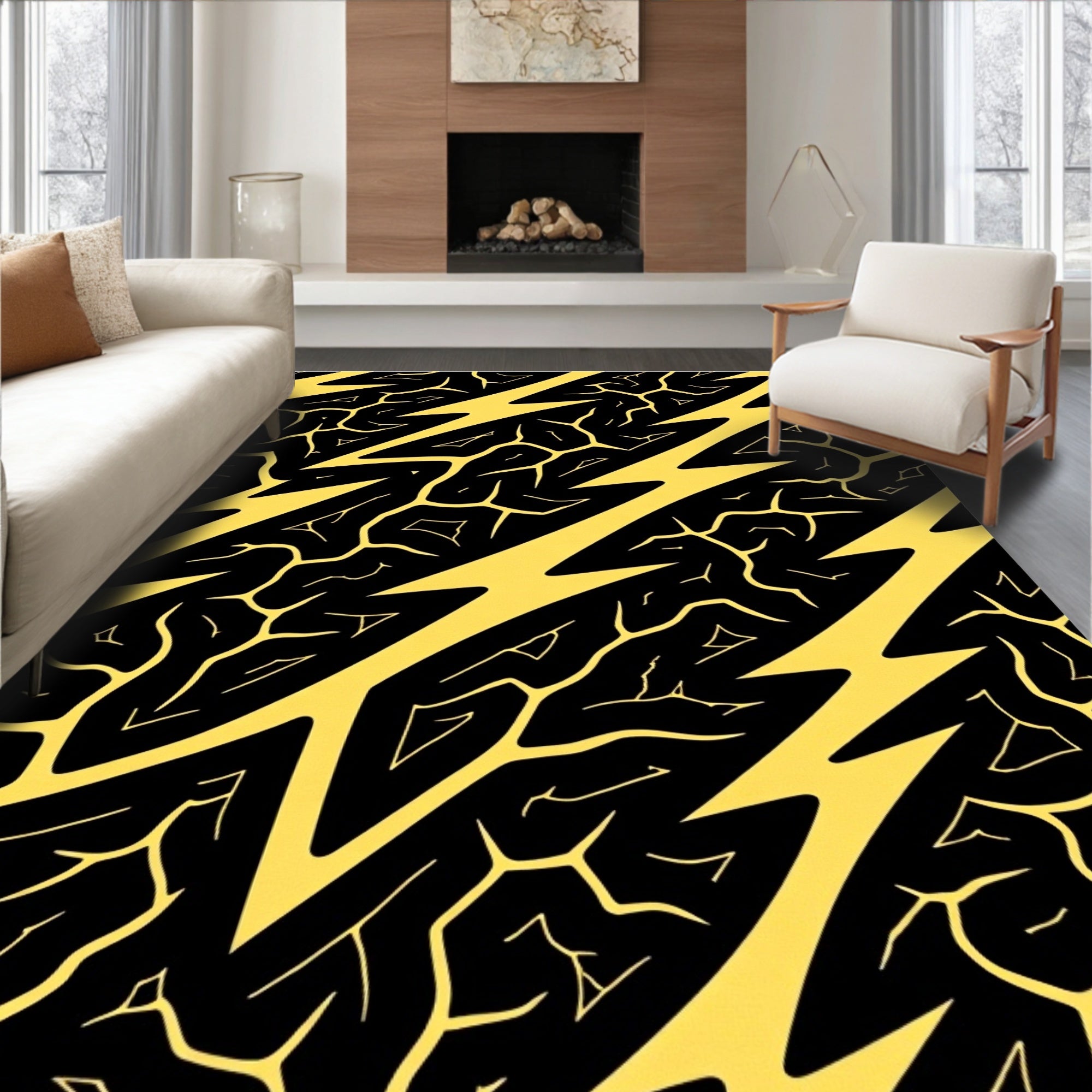 Bold Yellow Jagged Lightning Black Rug