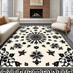 Black Floral Medallion Ivory Border Rug