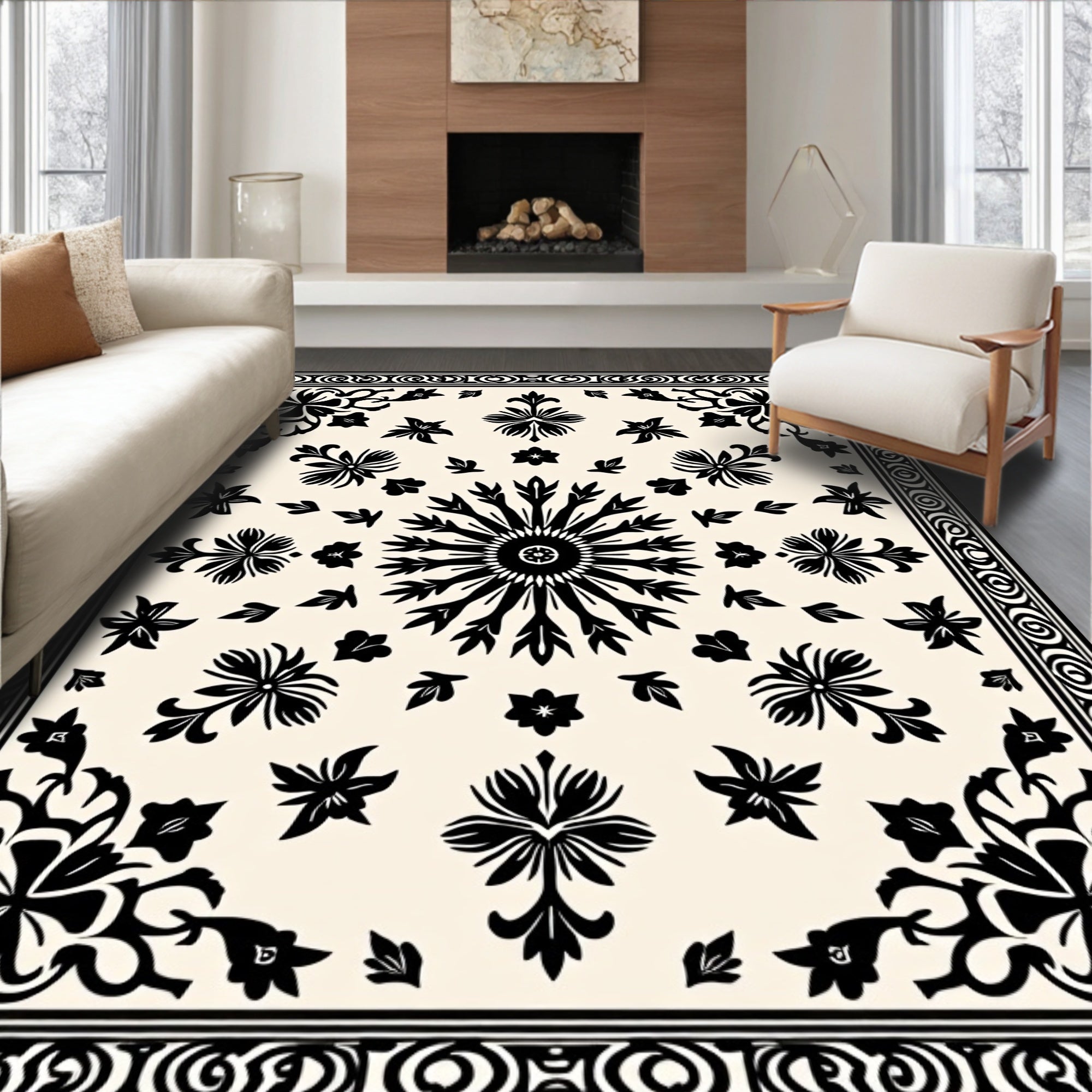 Black Floral Medallion Ivory Border Rug